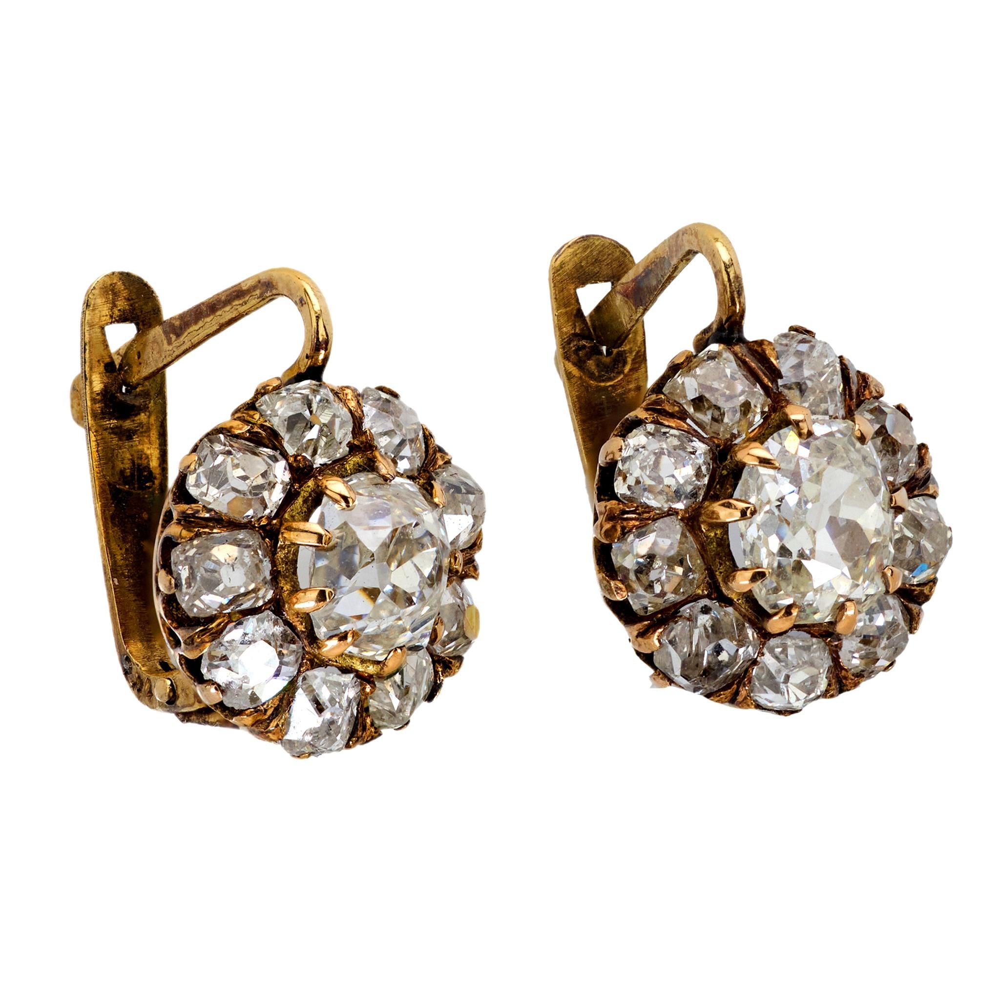 Victorian Style 3.15 Carat Diamond Cluster Earrings in 18K Yellow Gold - Elegant Vintage Jewelry for Weddings, Parties & Special Occasions