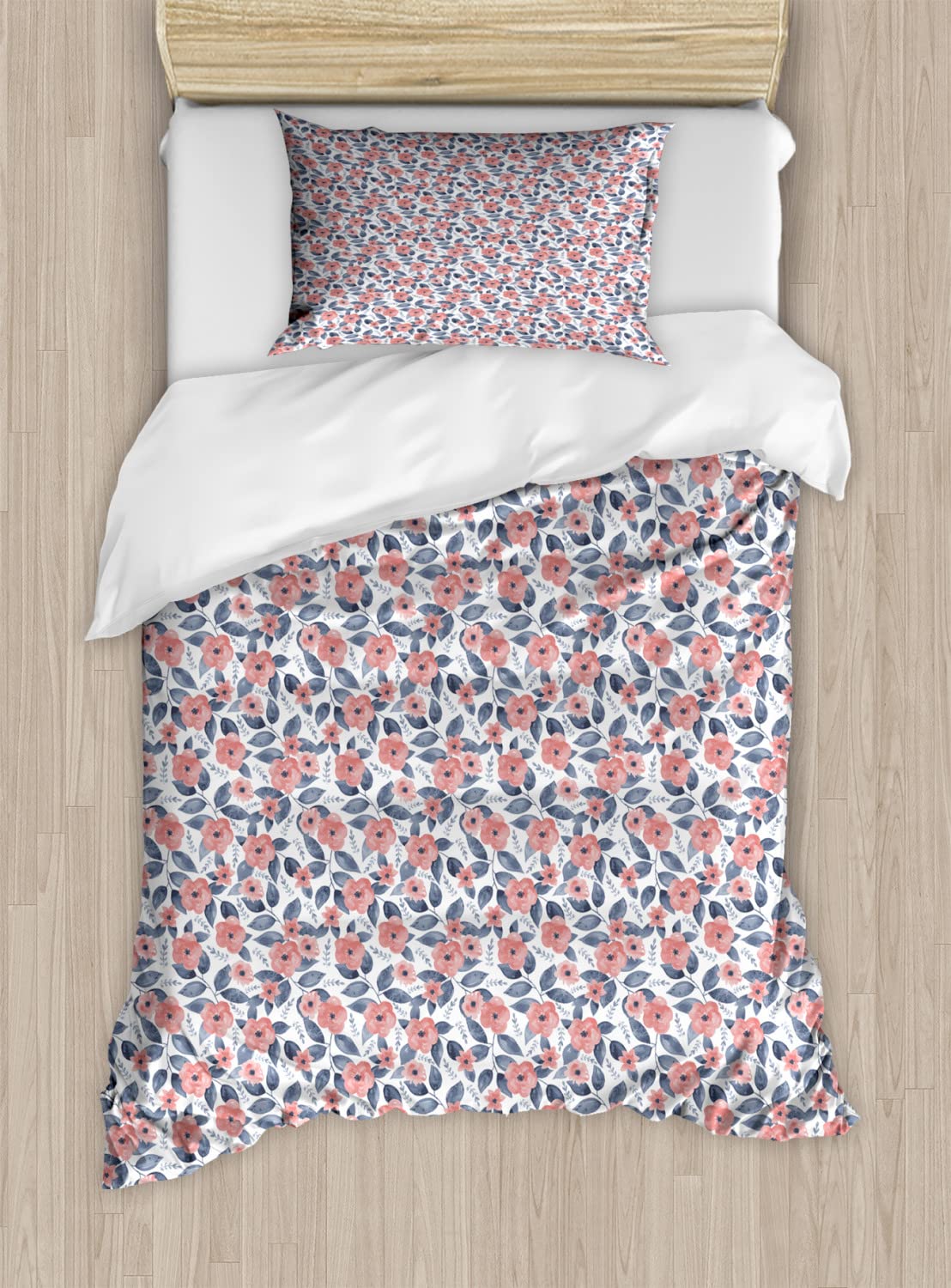 Ambesonne Renaissance Duvet Cover Set - Watercolor Floral Design, Soft Summer Tones, Twin Size 2-Pack (2 Duvet Covers + 2 Pillowcases) in Coral & Night Blue - Perfect for Bohemian Bedroom Decor & Guest Room Makeover