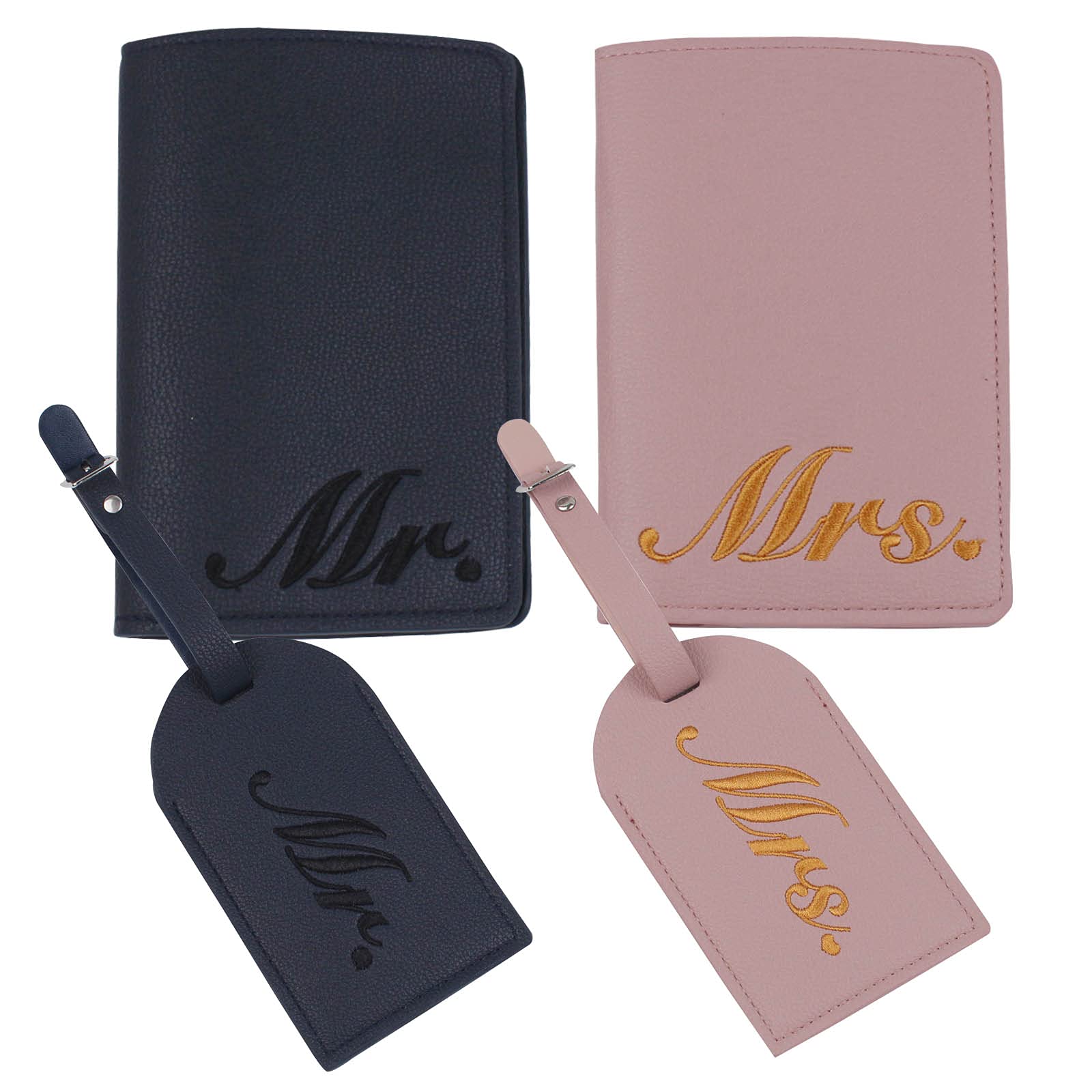 Mr. & Mrs. Passport Holder Set - RFID Blocking Leather Travel Wallet with Luggage Tags - Perfect Couple Travel Accessories for Honeymoon, Wedding Gift & Bridal Shower - Ideal for Airplane Trips, International Vacations & Romantic Getaways