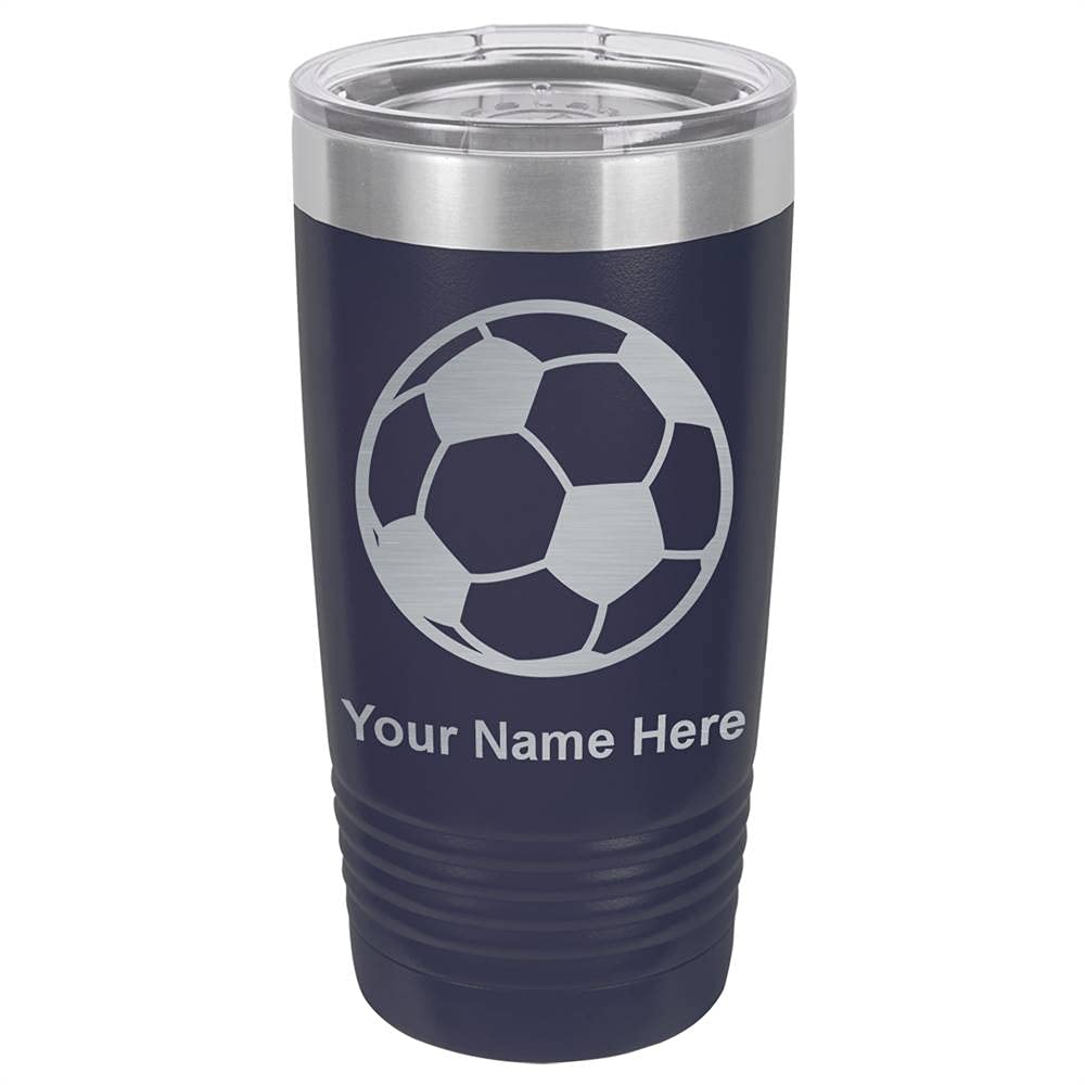 LaserGram 20oz Vacuum Insulated Stainless Steel Tumbler Mug with Soccer Ball Design - Personalized Engraving Included (Navy Blue) - Perfect for Coffee, Tea & Cold Drinks at Home, Office or Soccer Games