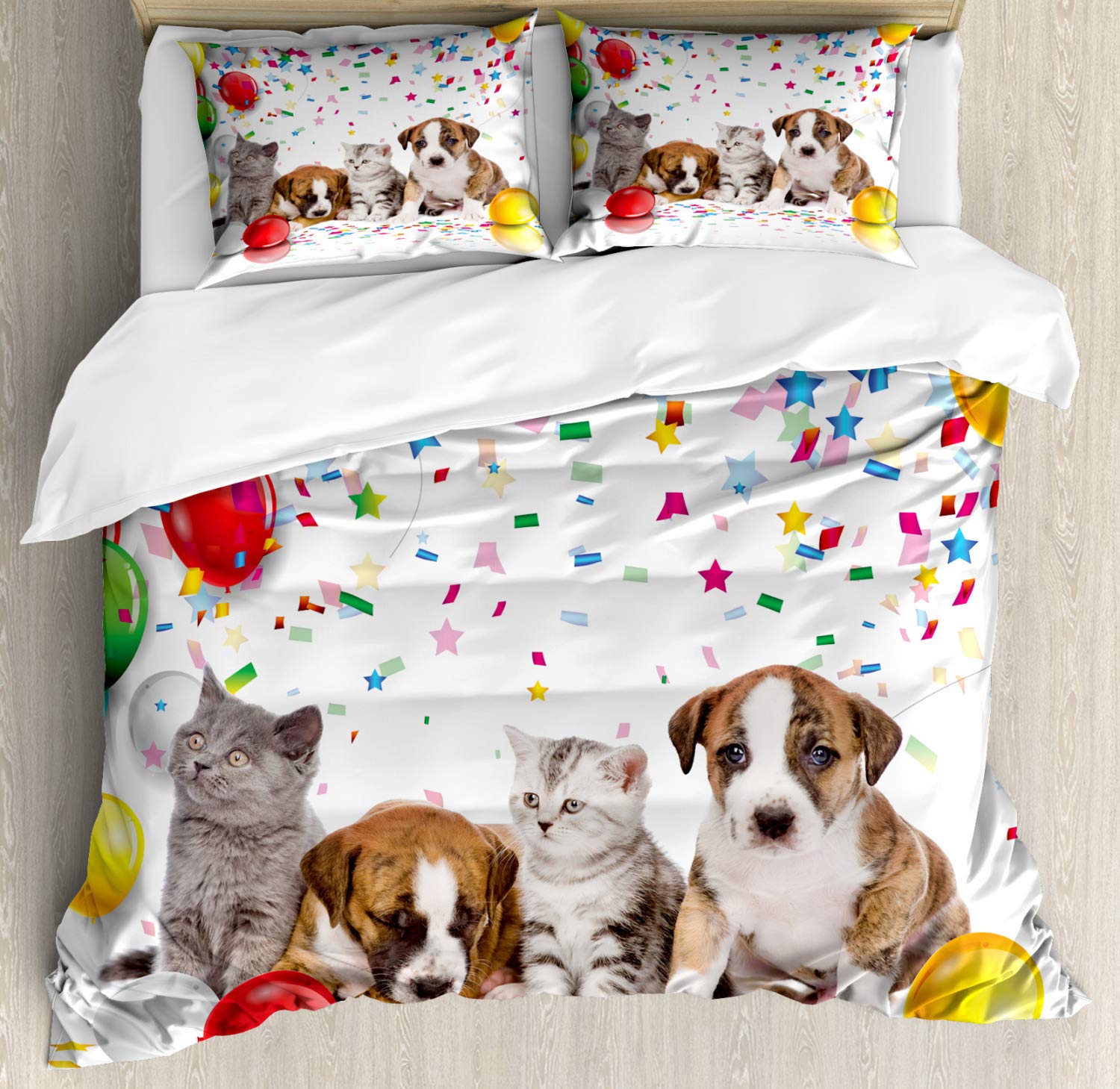 Ambesonne Happy Birthday Duvet Cover Set - King Size 3 Piece Bedding with Cat & Dog Party Design, Balloons & Flags Print, Includes 2 Pillow Shams - Colorful Decorative Bedding for Birthday Parties & Festive Room Decor