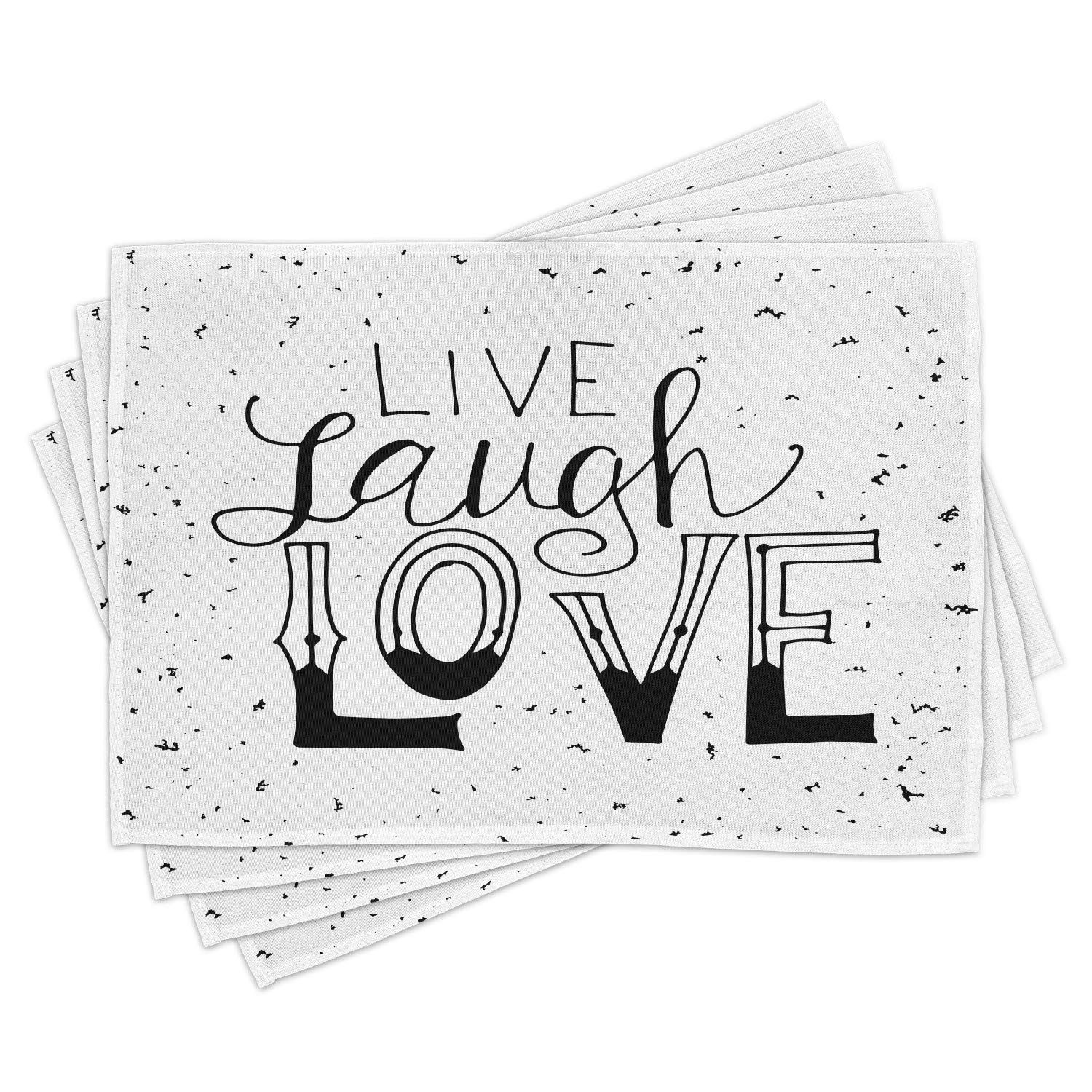 Ambesonne Live Laugh Love Place Mats Set of 4 - Hand Drawn Typographic Design Washable Fabric Placemats for Dining Table & Kitchen Decor (Black & White) - Perfect for Family Dinners, Parties & Home Decor