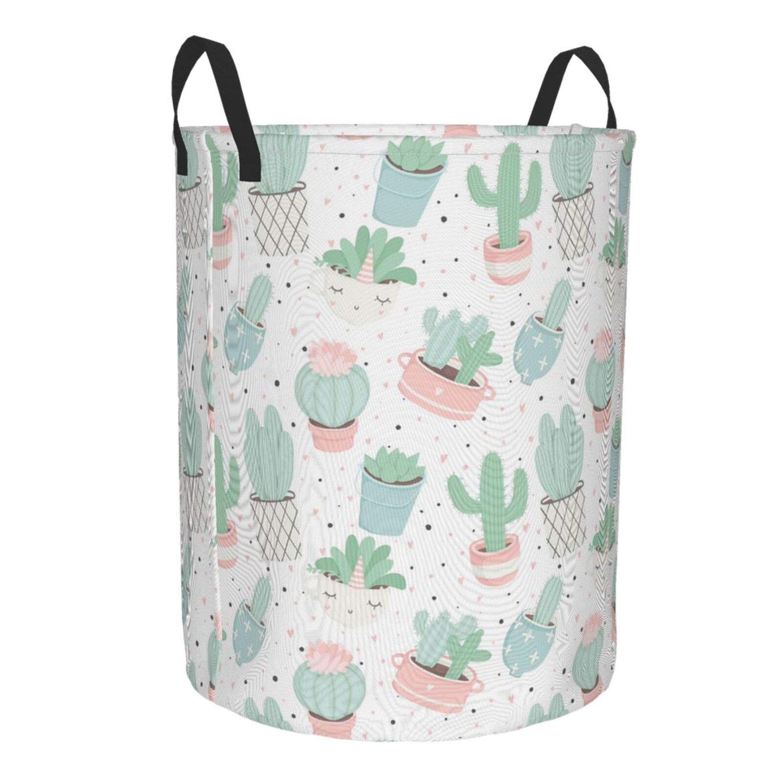 Cute Cacti Succulents Pattern Collapsible Laundry Basket with Handle - Waterproof Fabric Hamper for Dirty Clothes, Toys & Bathroom Storage - Foldable Organizer Bin for Home, Dorm & RV Use