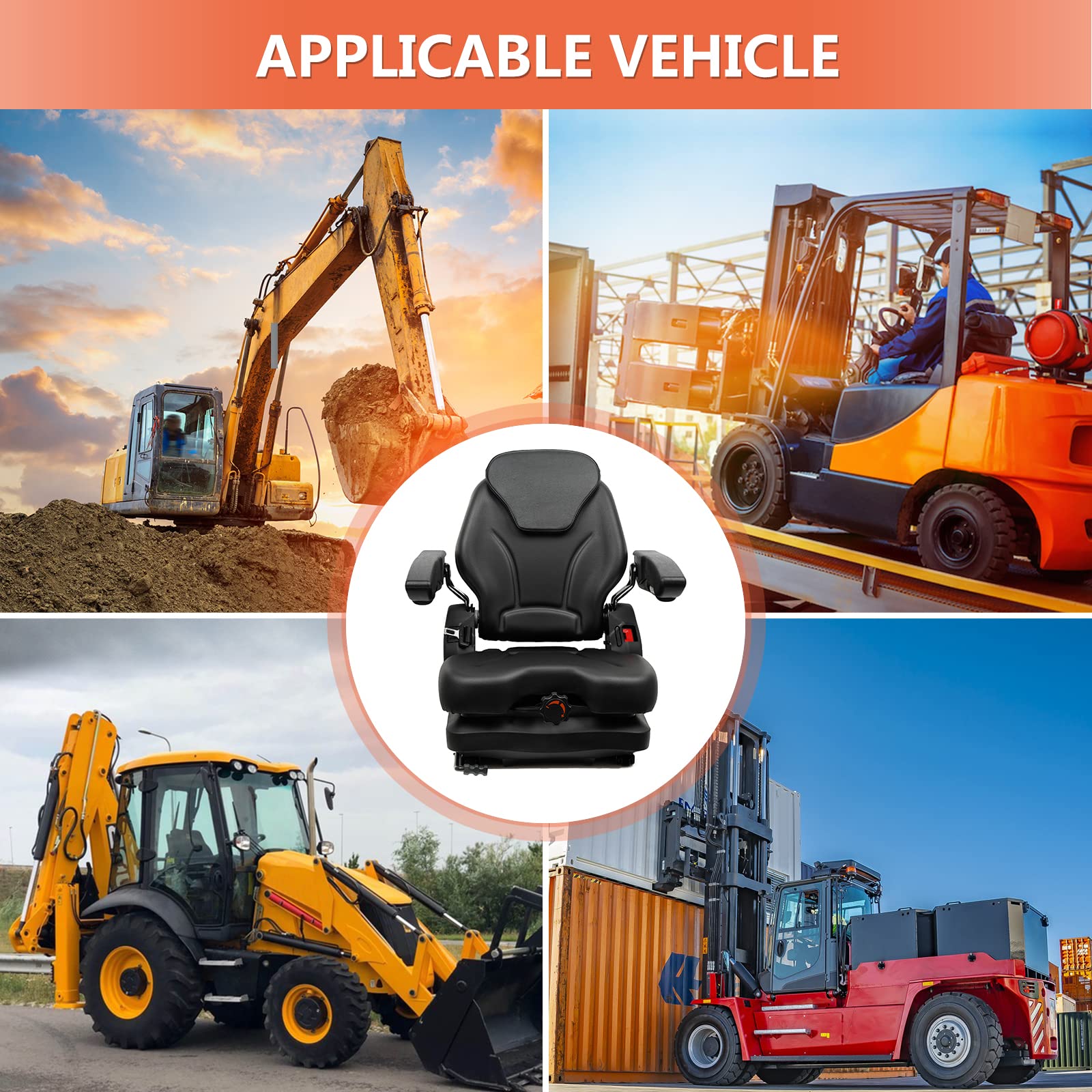 Heavy Duty Tractor Suspension Seat with Adjustable Backrest, Micro Switch & Seatbelt - Foldable Forklift Seat with Armrests for Tractors, Mowers, Excavators & Harvesters - Ideal for Farming, Construction & Landscaping Operations