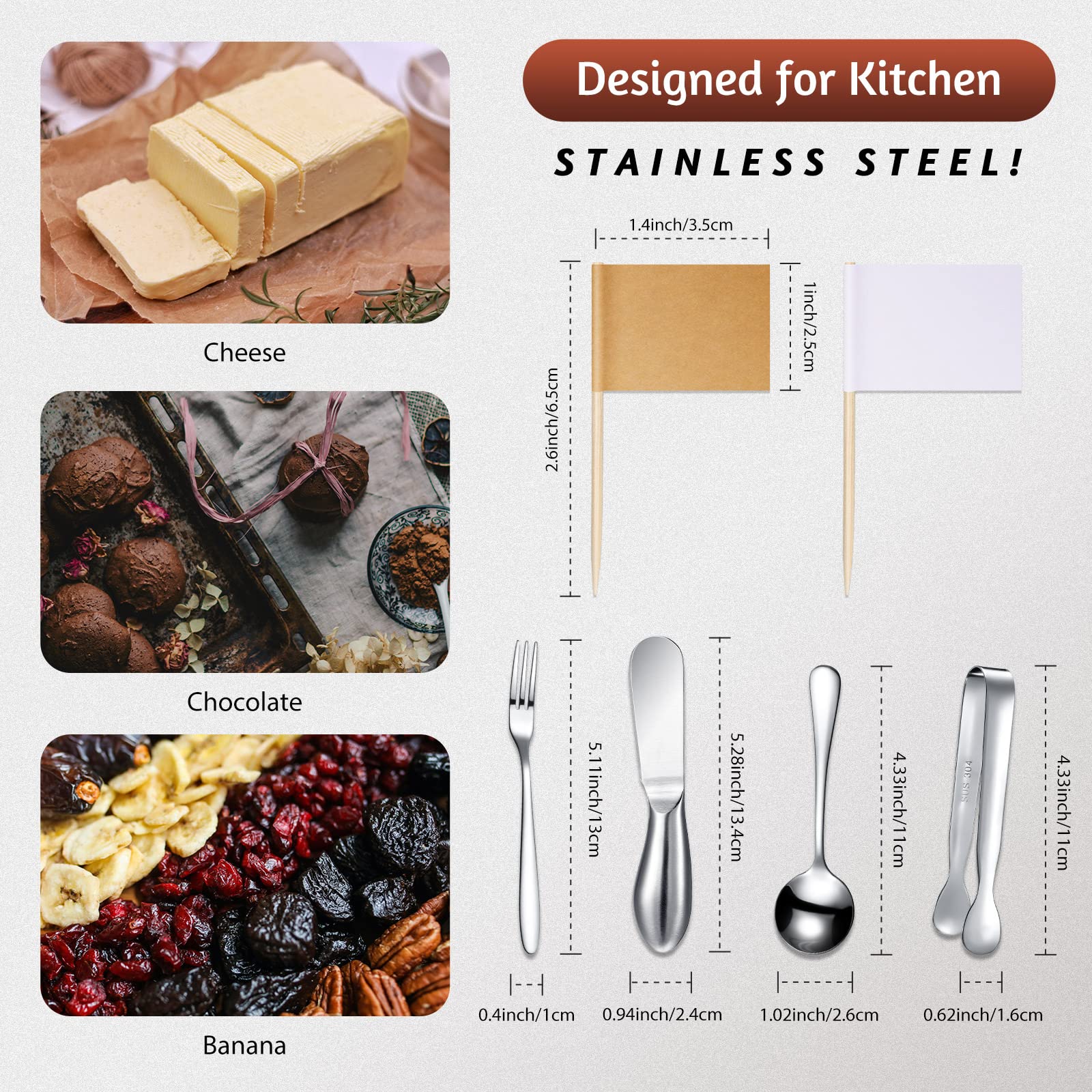 14-Piece Stainless Steel Charcuterie Board Set - Cheese Knives, Spreaders, Mini Tongs, Spoons & Forks for Cheese, Charcuterie & Pastry Serving (Silver) | Perfect for Dinner Parties, Wine Tastings & Gourmet Cheese Platters
