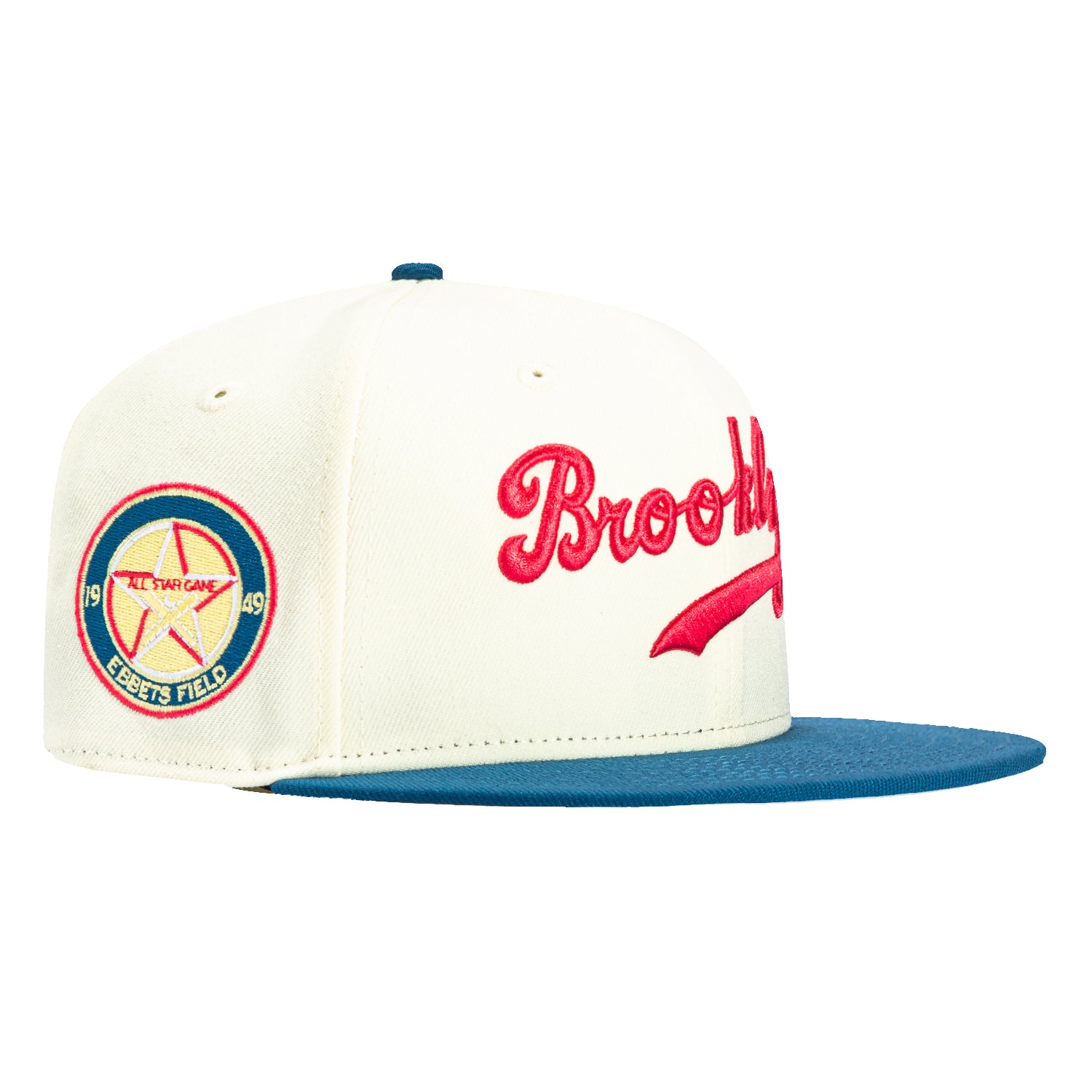 New Era 59Fifty Brooklyn Dodgers 1949 All Star Game Patch Script Hat - White, Indigo, Magenta | Vintage Baseball Cap for Men & Women | Game Day, Casual Wear, Sports Fan Gift