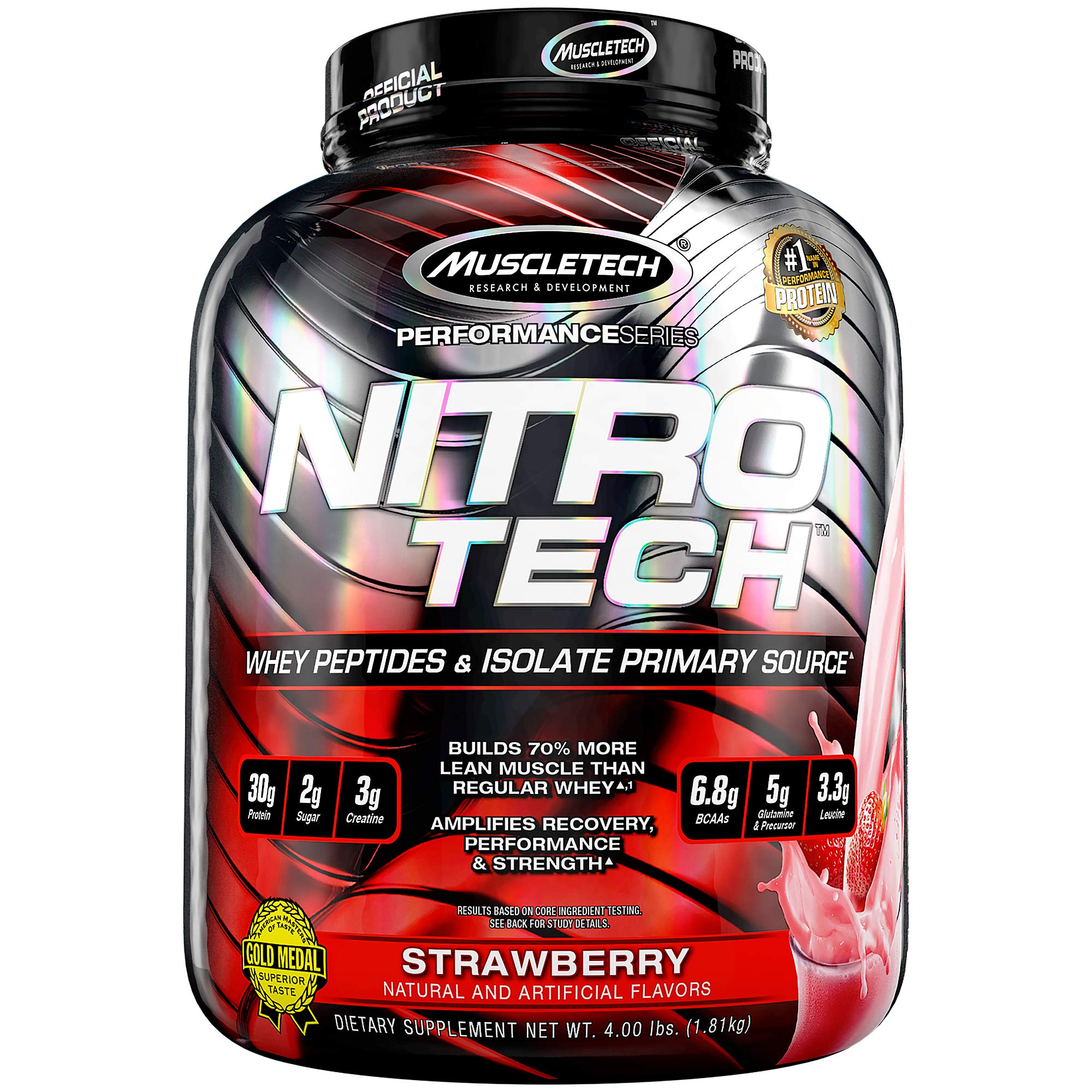 Nitro-Tech Whey Protein Powder - MuscleTech Whey Protein Isolate & Peptides for Muscle Growth | Protein + Creatine Supplement for Men & Women | Sports Nutrition | Strawberry Flavor, 4 lb (40 Servings) | Post-Workout Recovery & Lean Muscle Building