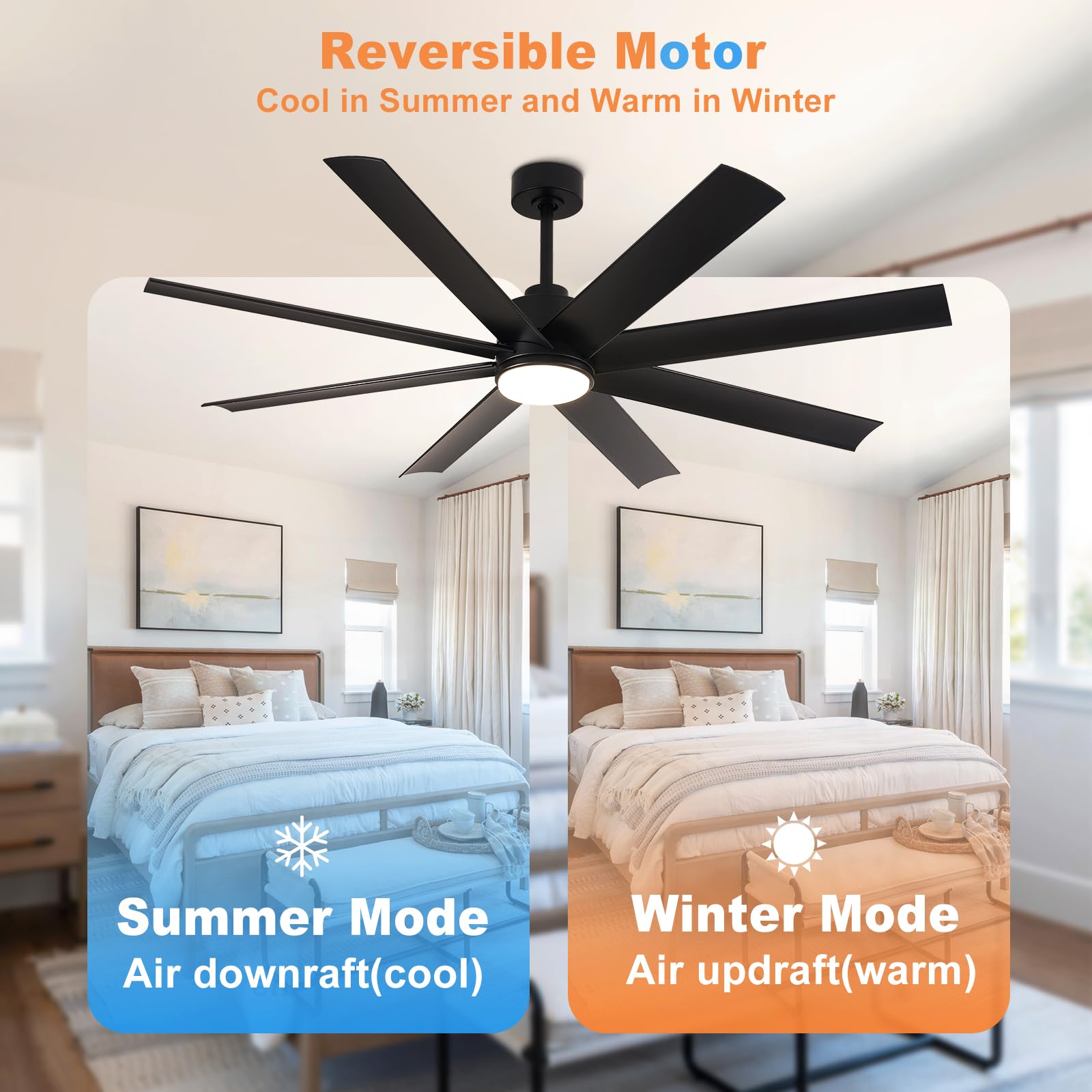 Depuley 60 Inch Black Ceiling Fan with Lights and Remote Control - 3 Color Temperature Dimmable LED, 8 Blades, 5-Speed Reversible DC Motor - Perfect for Office, Living Room, Bedroom and Covered Patios