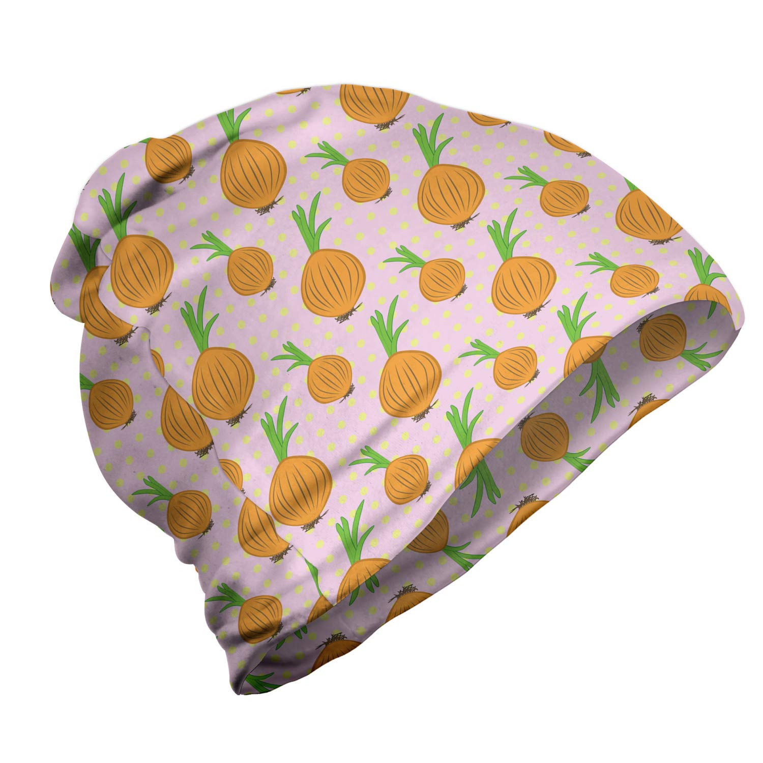 Ambesonne Unisex Beanie - Stylish Onions on Polka Dots Design for Men & Women | Warm Winter Knit Hat for Hiking, Outdoor Activities & Casual Wear