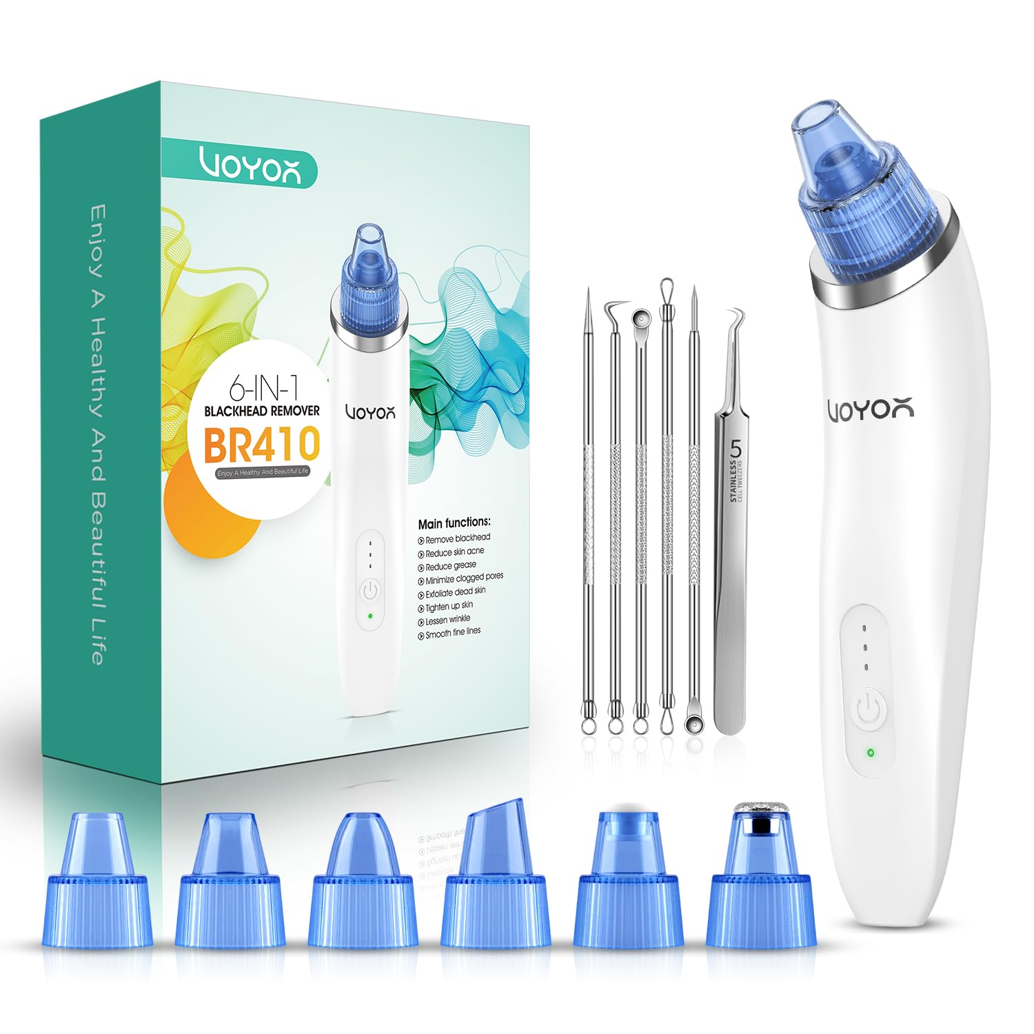 VOYOR Blackhead Remover Pore Vacuum - Electric Facial Cleansing Device for Acne & Whiteheads Removal with 6 Suction Heads (BR410) | Deep Cleansing for Oily & Combination Skin | Perfect for Daily Skincare Routine & Spa Treatments