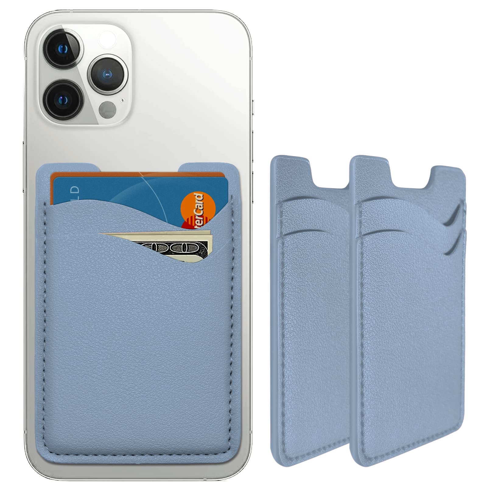 Stick On Phone Wallet - Leather Card Holder for iPhone & Samsung, Stretchy Credit Card Holder for Back of Phone, Compatible with Most Phone Cases (2 Pack, Blue) - Perfect for Travel, Shopping & Everyday Use