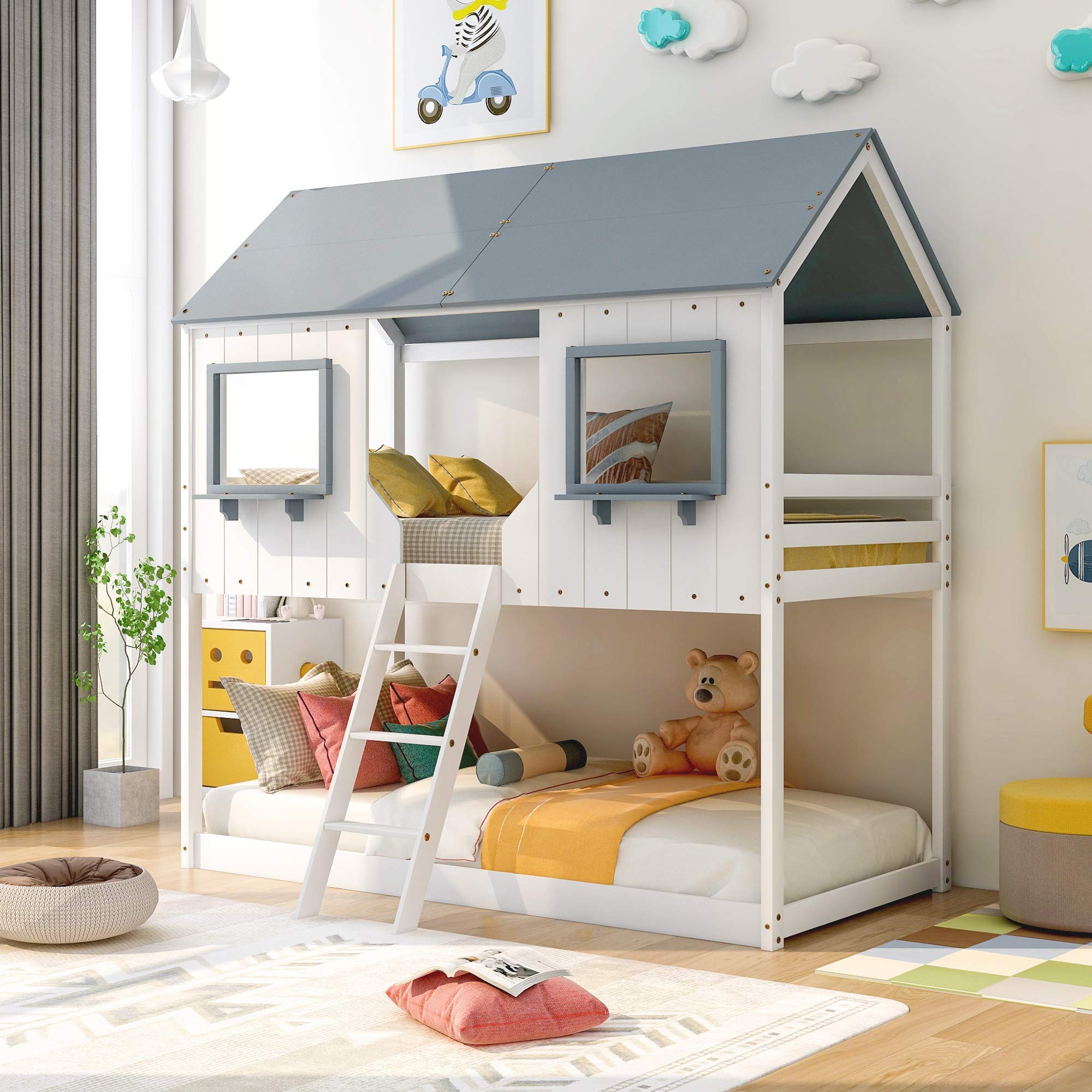 Twin Over Twin Wooden Bunk Bed with Roof - Sturdy Loft Bed Frame for Kids & Teens, Includes Window, Guardrail & Ladder - No Box Spring Needed (White) | Perfect for Small Bedrooms, Shared Kids' Rooms & Space-Saving Solutions