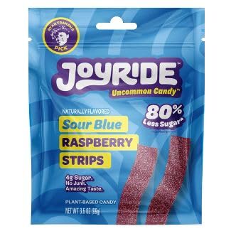 Joyride Sweets Blue Raspberry Gummy Candy Strips - Low Sugar (80% Less), 3.5oz | Sour & Sweet Gummy Belts for Kids, Movie Nights & Party Favors