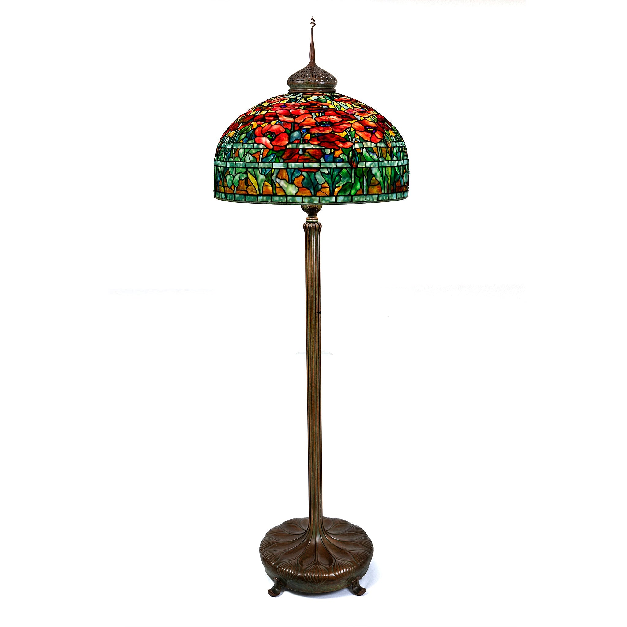 Tiffany Studios New York Oriental Poppy Leaded Glass & Bronze Floor Lamp - Antique Stained Glass Lighting for Living Room, Bedroom & Office Decor