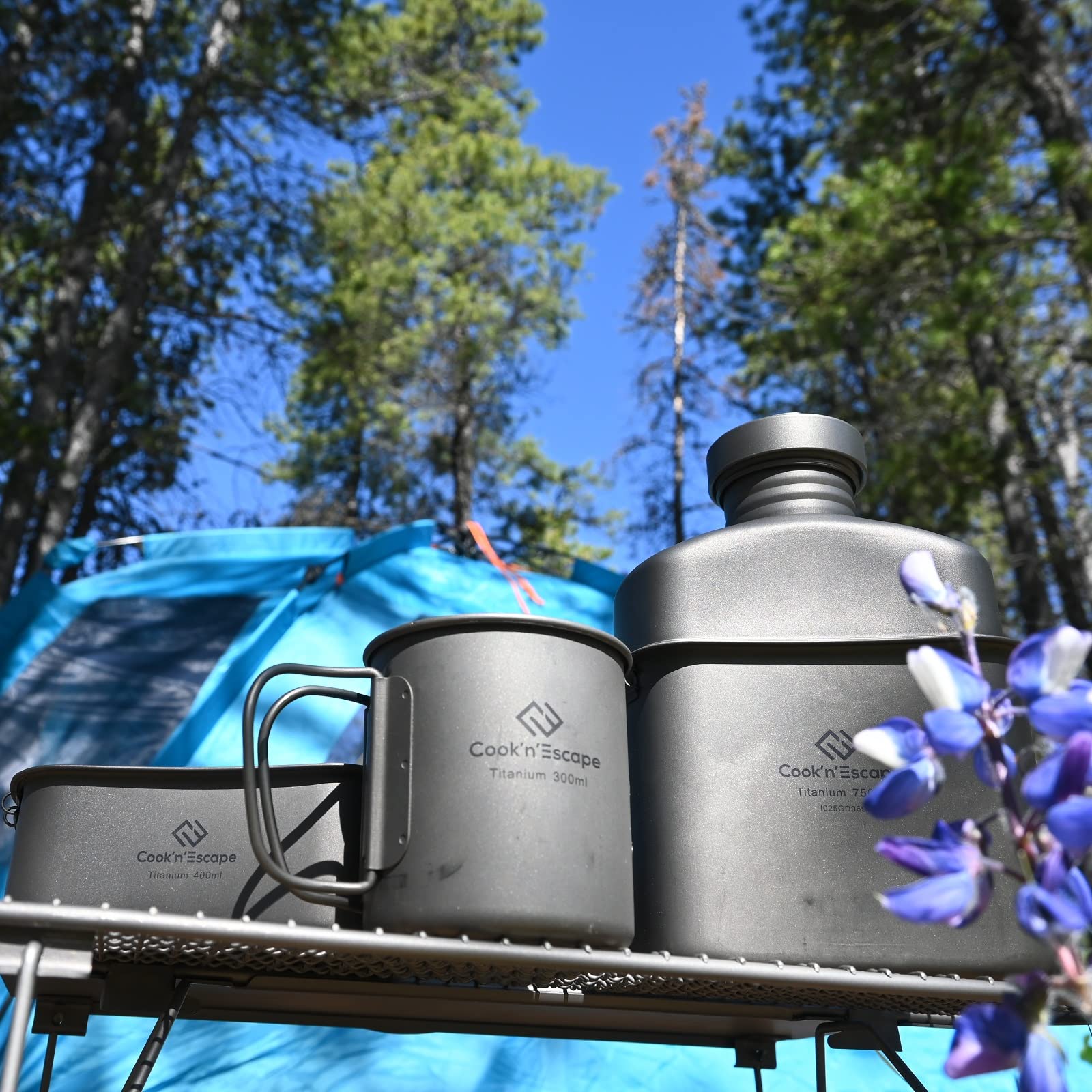 COOK'N'ESCAPE Titanium Camping Cookware Set - Lightweight Folding Handle Pot & Compact Frying Pan for Backpacking, Hiking, Picnic - Perfect for Outdoor Cooking Over Fire & Camping Meals