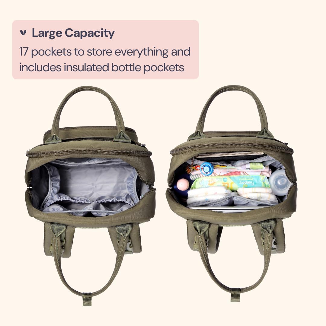 BabbleRoo Waterproof Diaper Backpack - Multifunctional Baby Travel Bag with Changing Pad, Stroller Straps & Pacifier Case - Unisex Army Green Diaper Bag for Parents | Perfect for Daycare, Travel & On-the-Go Parenting