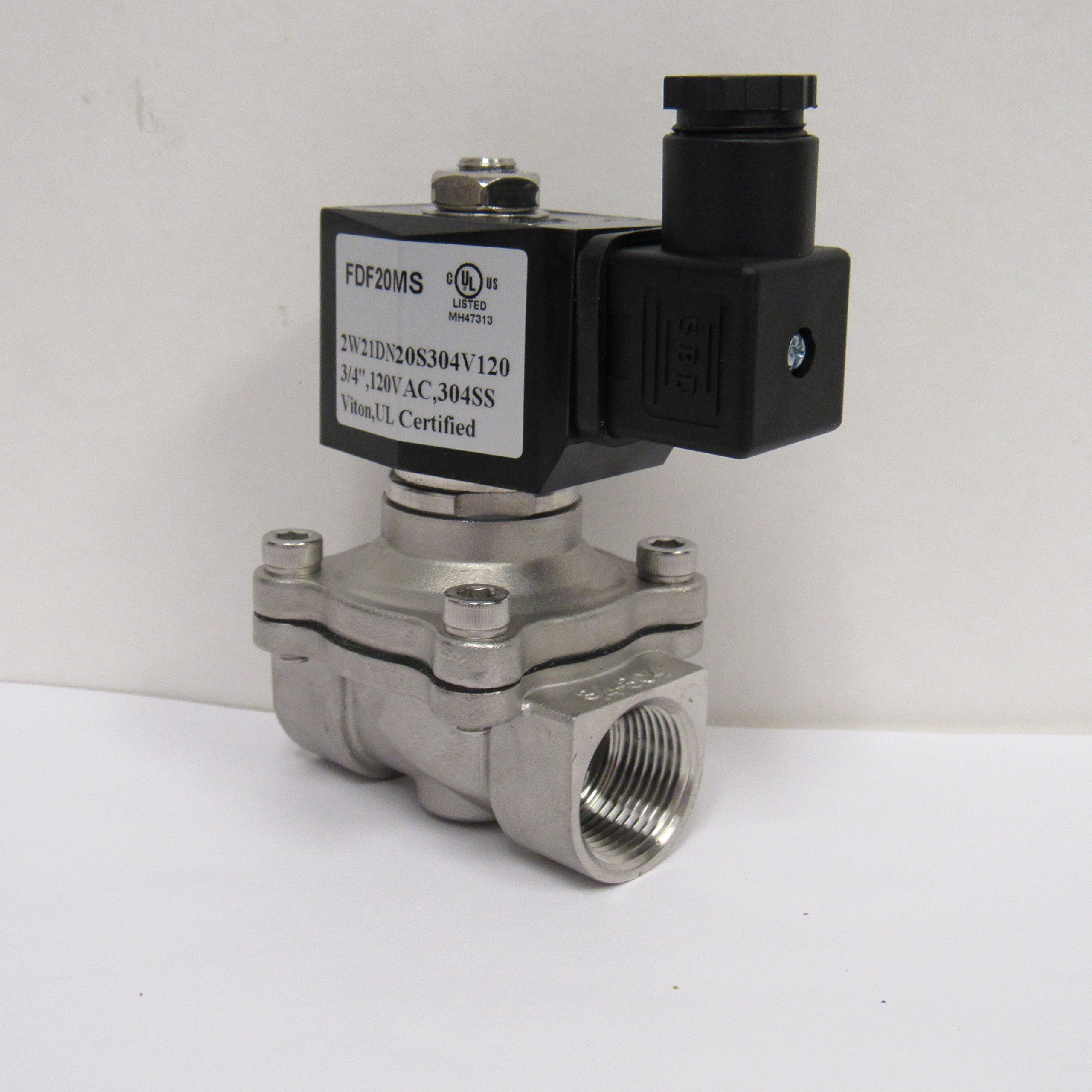 3/4 Inch NPT Solenoid Valve 120VAC - 304 Stainless Steel with VITON Seals - Normally Closed for Water, Air, and Oil Control in Industrial and Home Applications