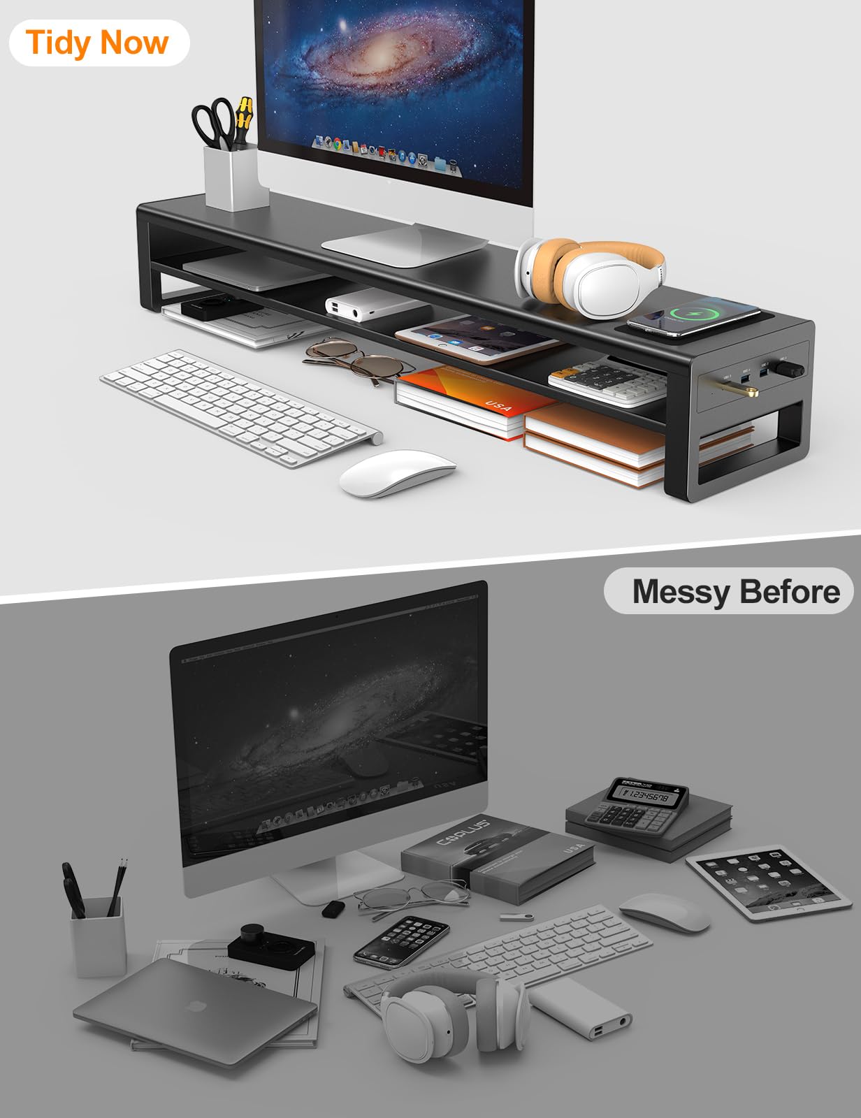 STARSIKI 2 Tier Dual Monitor Stand with Wireless Charger & 4 USB 3.0 Hub - Heavy Duty Metal Monitor Riser for PC, Laptop, TV, Printer - Space Saving Desk Organizer for Home Office & Gaming Setup