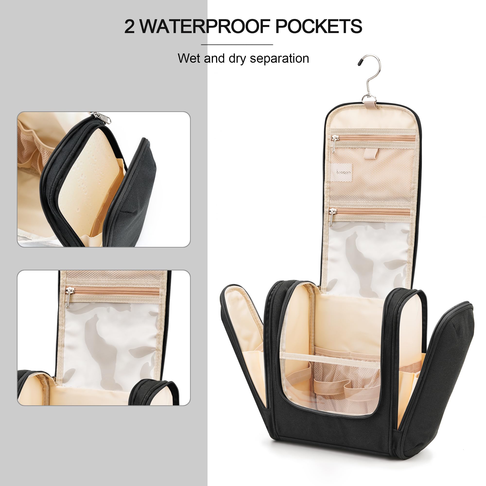 **Large Waterproof Hanging Toiletry Bag for Travel – 6 Compartments for Full-Size Bottles & Cosmetics – Ideal for Women & Men – Perfect for Bathroom, Gym & Vacation (Black)**