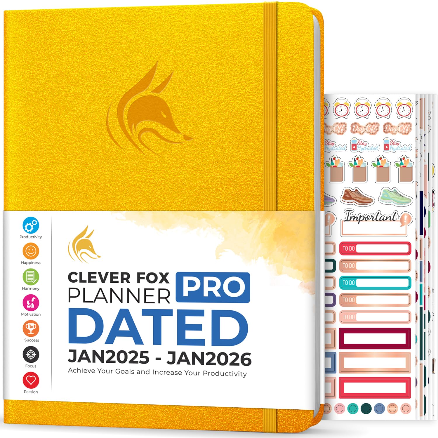 Clever Fox Planner PRO 2025-2026 Dated Weekly & Monthly Life Planner - A4 Size Productivity Organizer with Time Management & Goal Tracking - Gratitude Journal in Amber Yellow - Perfect for Students, Professionals & Entrepreneurs