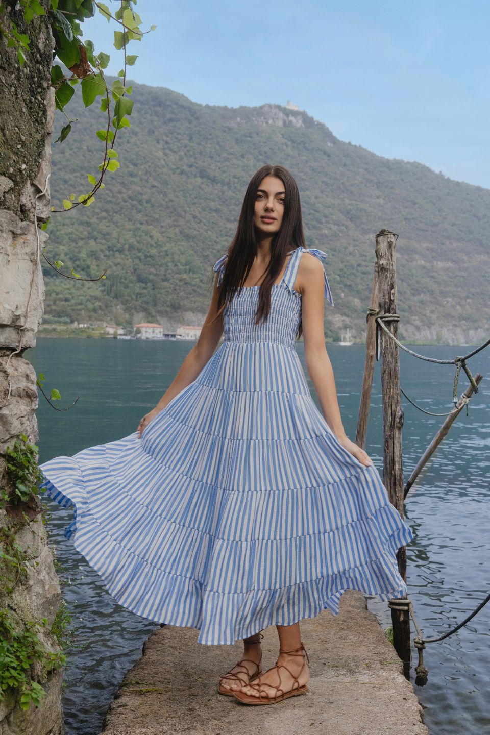 Isabella Blue and White Striped Strappy Tiered Maxi Dress - Perfect for Beach Vacations, Summer Parties & Boho Chic Outfits