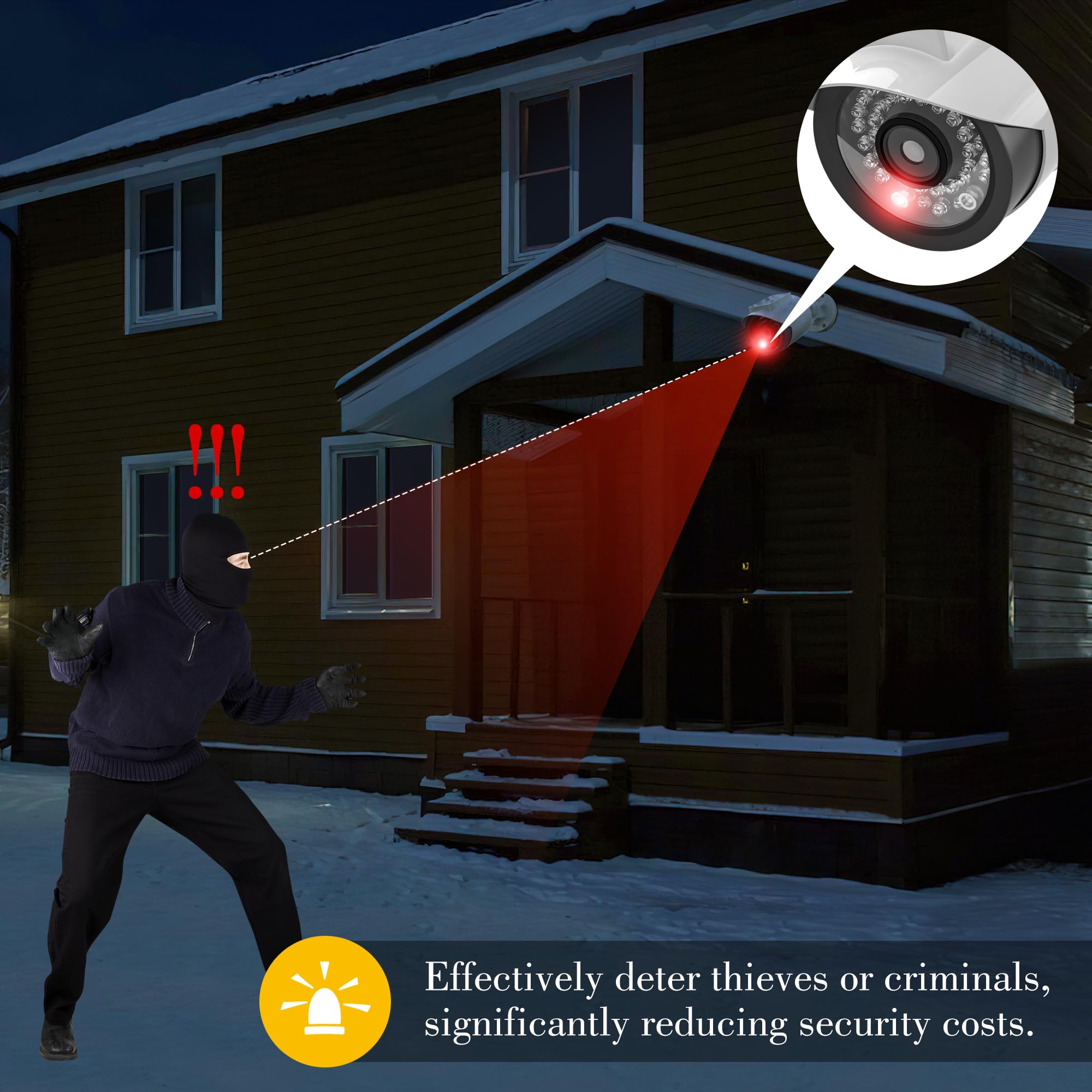 BNT Solar Powered Fake Security Camera - Bullet Style Dummy Surveillance Camera with Red LED Light for Night, Includes Warning Stickers - Outdoor Home Security Deterrent (4-Pack, White, Battery Not Included) - Perfect for Garage, Yard & Apartment Safety