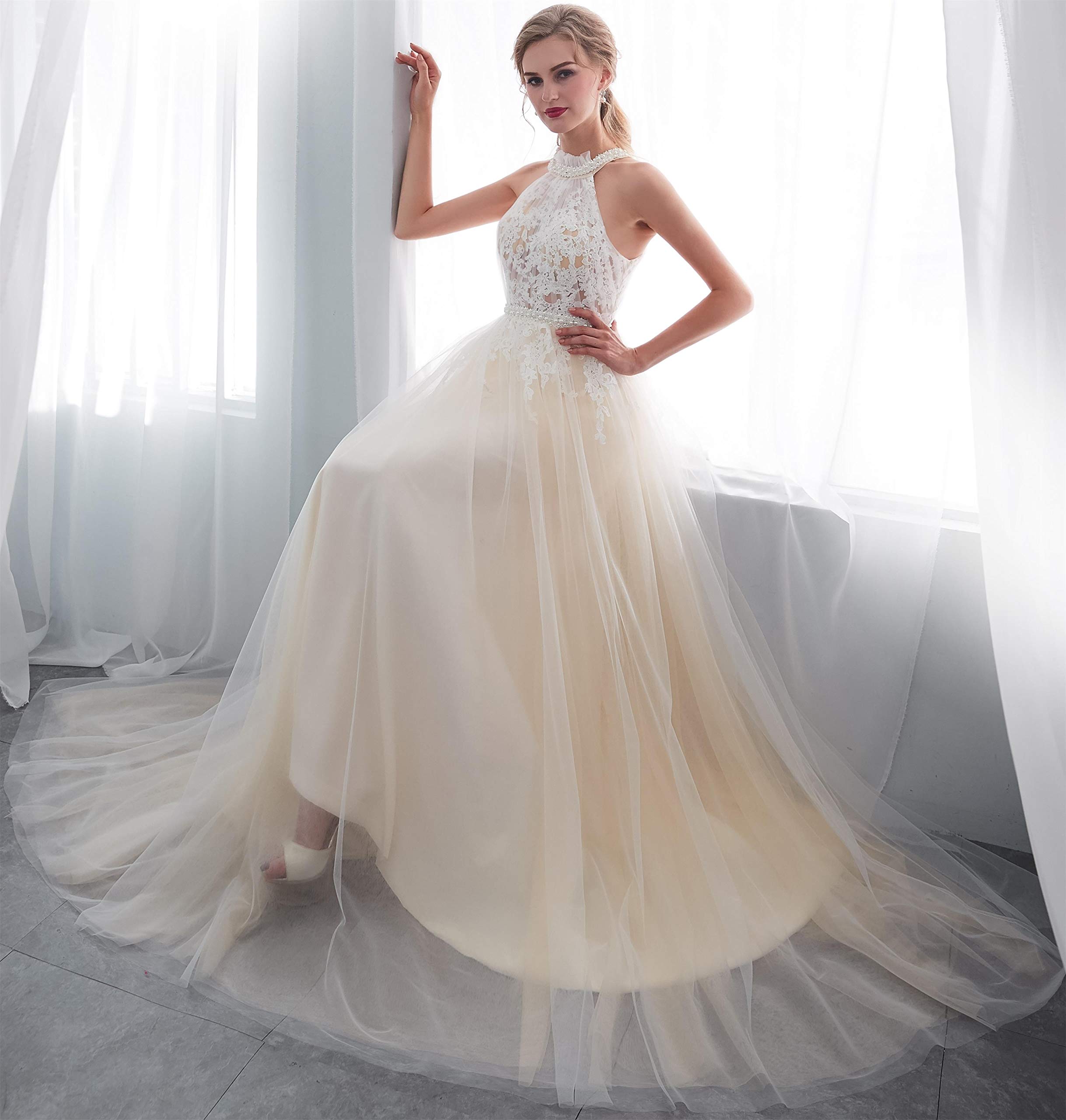 Elegant Women's Halter A-Line Beaded Applique Beach Wedding Dress - Perfect for Beach Weddings, Destination Elopements & Summer Bridal Events
