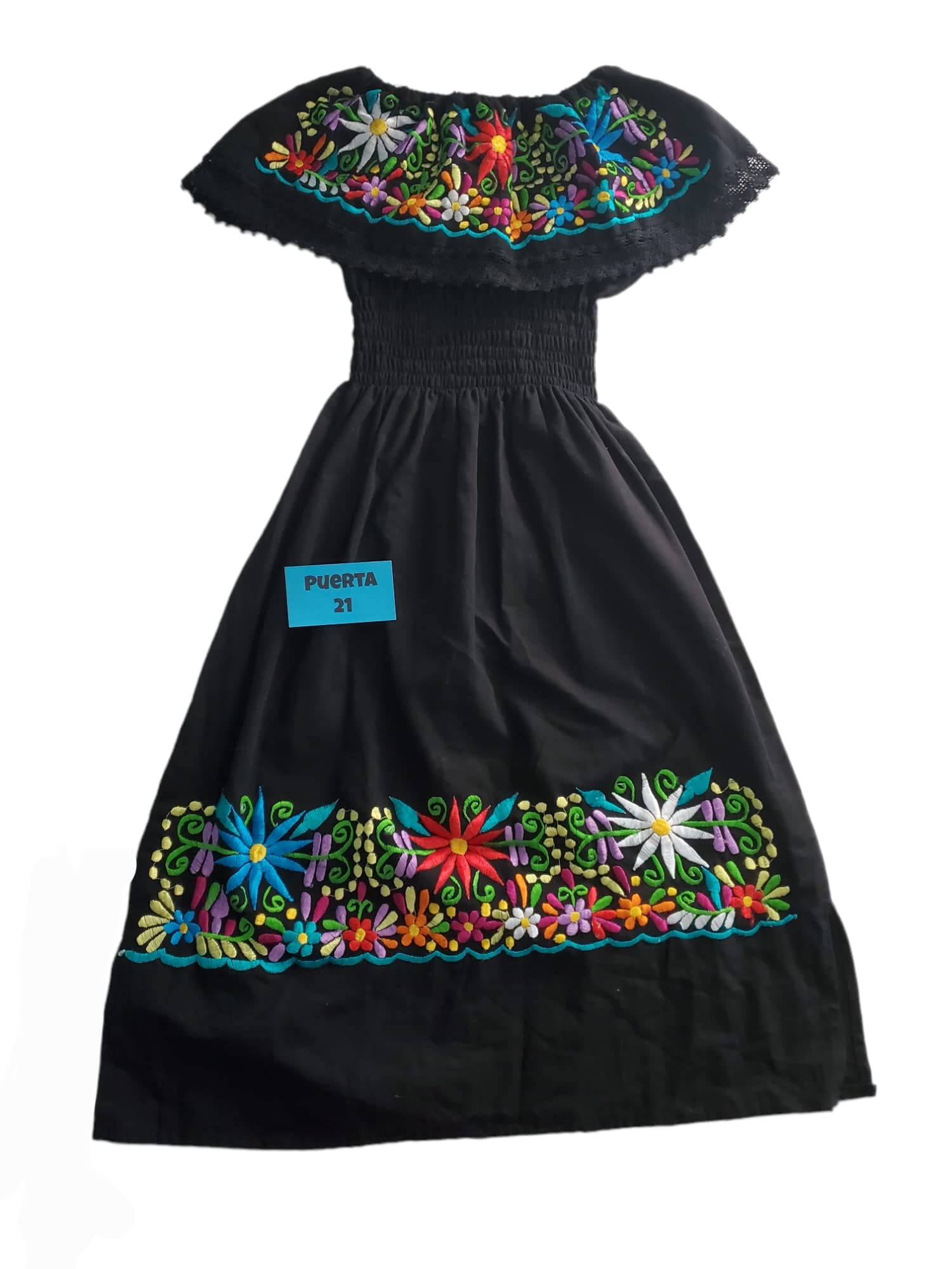 Mexican Embroidered Off-Shoulder Dress for Women - Knee-Length Black Campesina Dress | Day of the Dead Celebration, Fiesta Party, Cinco de Mayo Outfit (Size M)