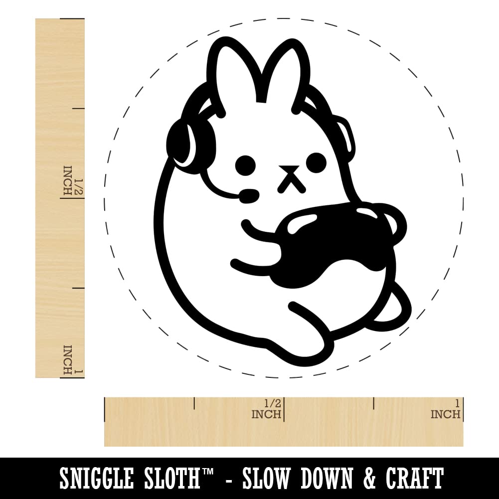 Geek Gamer Bunny Rabbit Playing Video Games Self-Inking Rubber Stamp - 1 Inch Medium Red Ink Stamper for DIY Crafts, Scrapbooking & Planner Decoration - Perfect for Journaling, Card Making & Gift Wrapping