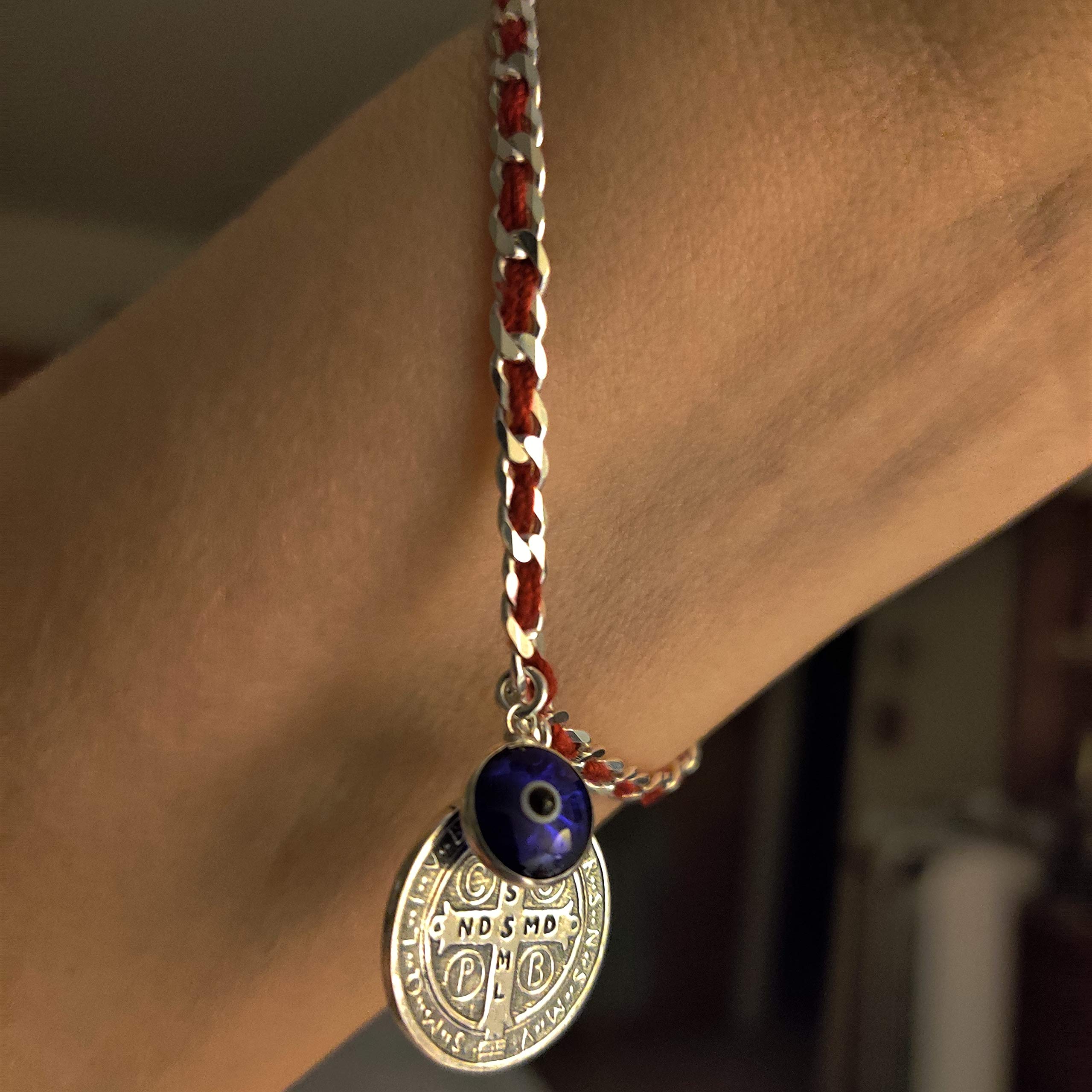 Saint Benedict Red String & Blue Evil Eye Protection Bracelet in Sterling Silver - Spiritual Jewelry for Good Luck & Warding Off Negativity
