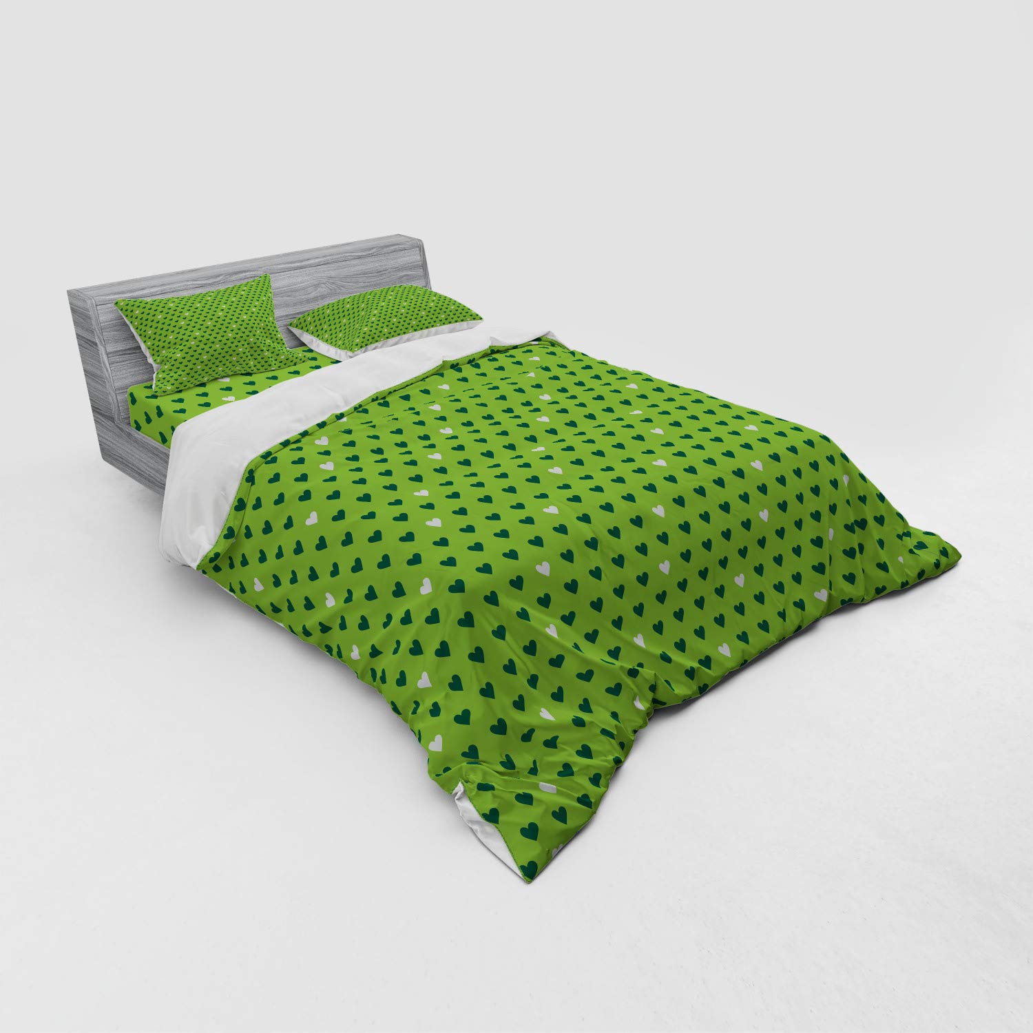 Ambesonne Green Duvet Cover Set - Small Heart Pattern 4-Piece Queen Size Bedding with Shams & Fitted Sheet in Vibrant Lime & Dark Green | Perfect for Guest Rooms, Valentine's Day Decor & Cozy Bedroom Makeovers