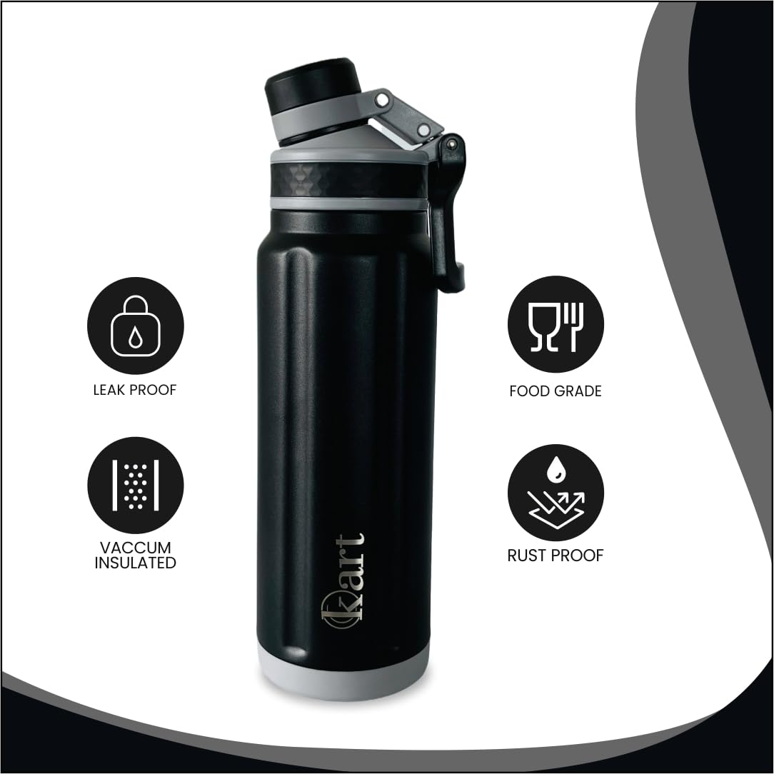 Kart Insulated Stainless Steel Water Bottle 800ml - 24 Hours Hot & Cold Retention, ISI Certified, Leak & Rust Proof - Perfect for Gym, Hiking, Office, Travel & Outdoor Activities (Black)