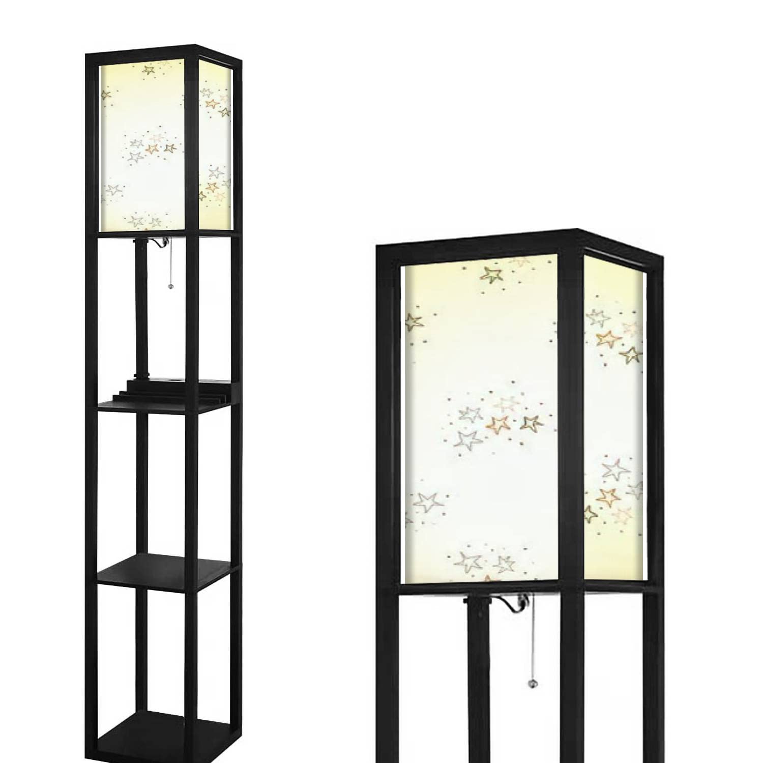 Gender Neutral Baby Stars Minimalist 2-Tier Floor Lamp with Shelves, USB Ports & Power Outlet - Linen Fabric Shade Modern Standing Lamp for Living Room, Bedroom, Nursery - Perfect for Reading Nook, Home Office & Cozy Corners