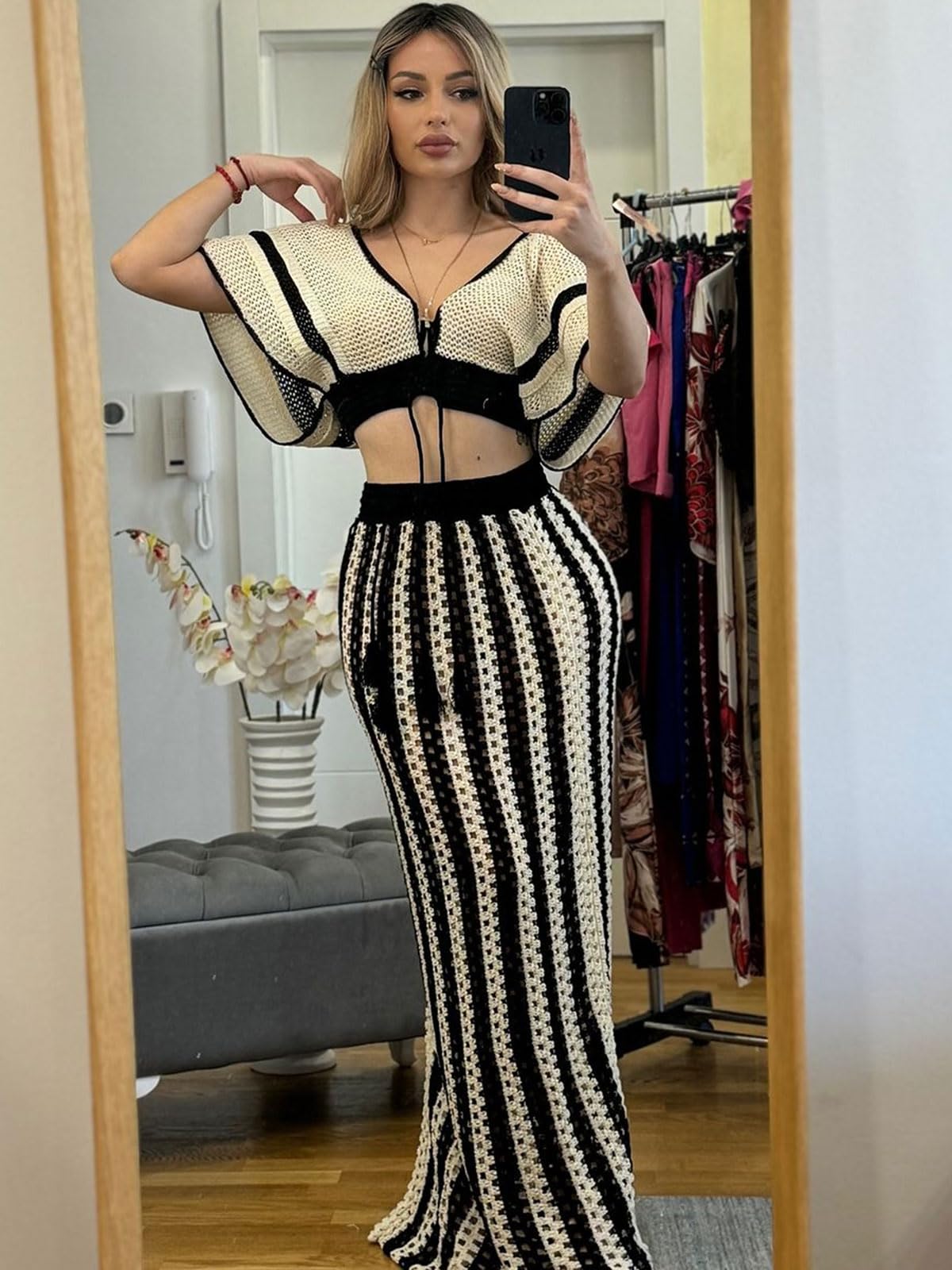 Angsuttc Women's Crochet Knit Two Piece Skirt Set - Short Sleeve V-Neck Crop Top & Maxi Skirt Outfit for Summer | Beach Vacation, Date Night, Casual Wear