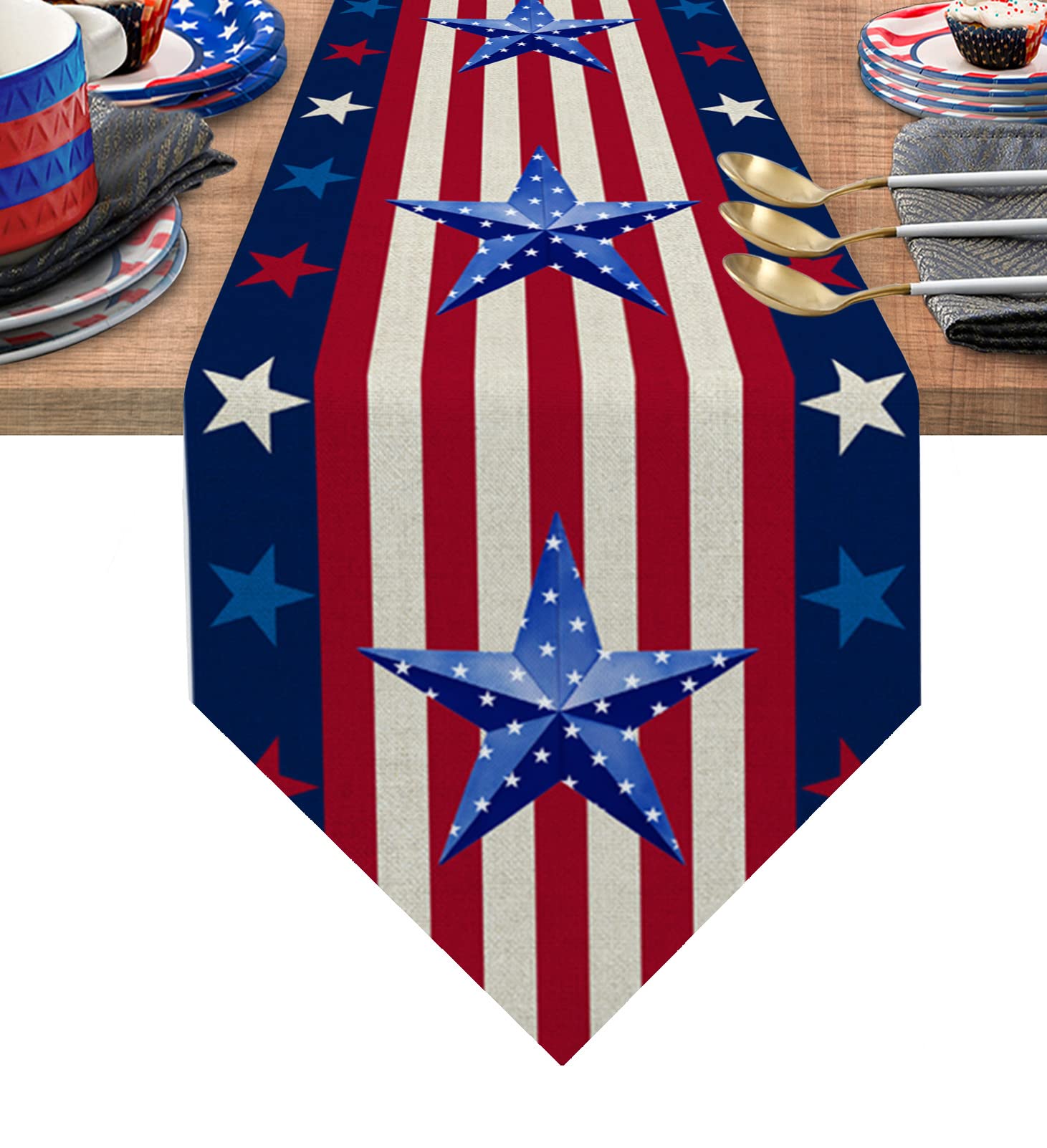Rustic Blue Star on Red White Striped Linen Burlap Table Runner - Patriotic Independence Day Decor for Kitchen, Dining Room & Outdoor Events - Durable Washable Table Scarf for Home, Party & Holiday Celebrations