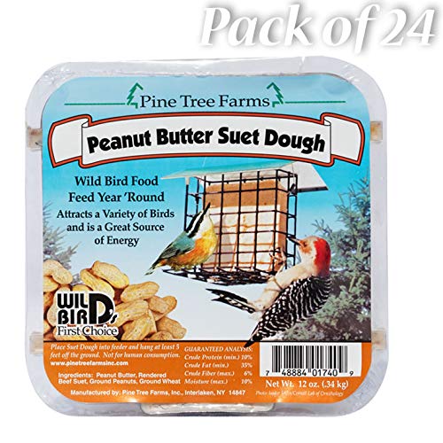 24 Pack Pine Tree Farms Peanut Butter Suet Dough - 12 oz Each - High Energy Bird Food for Wild Birds, Woodpeckers & Bluebirds - Perfect for Backyard Bird Feeders in Winter & Cold Weather