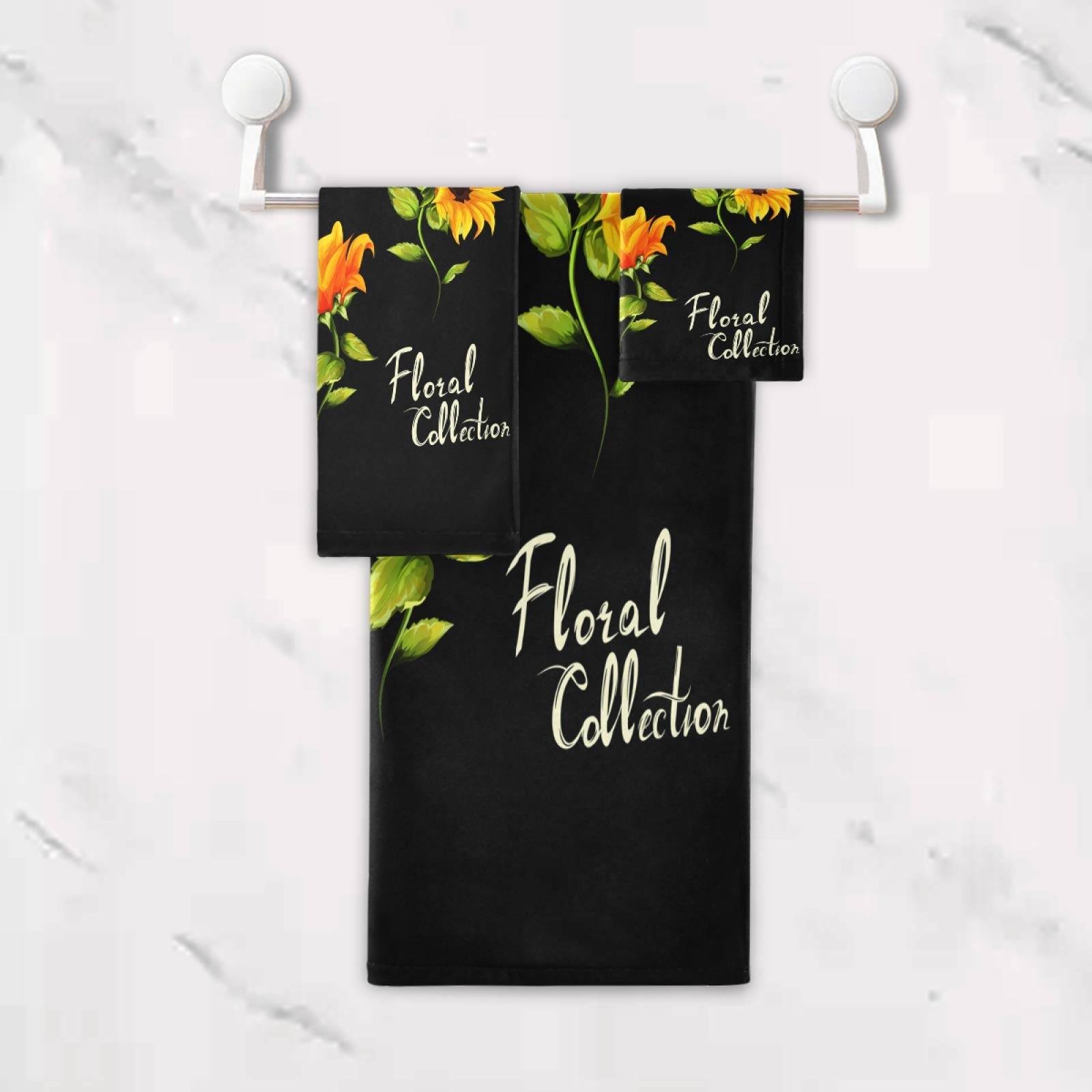 ALAZA Luxury Sunflower Floral Black Bath Towel Set - 3 Piece (Bath Towel, Hand Towel, Washcloth) - Ultra Soft & Absorbent for Bathroom, Hotel, Gym, Yoga, Spa - Decorative & Multipurpose Home Essentials