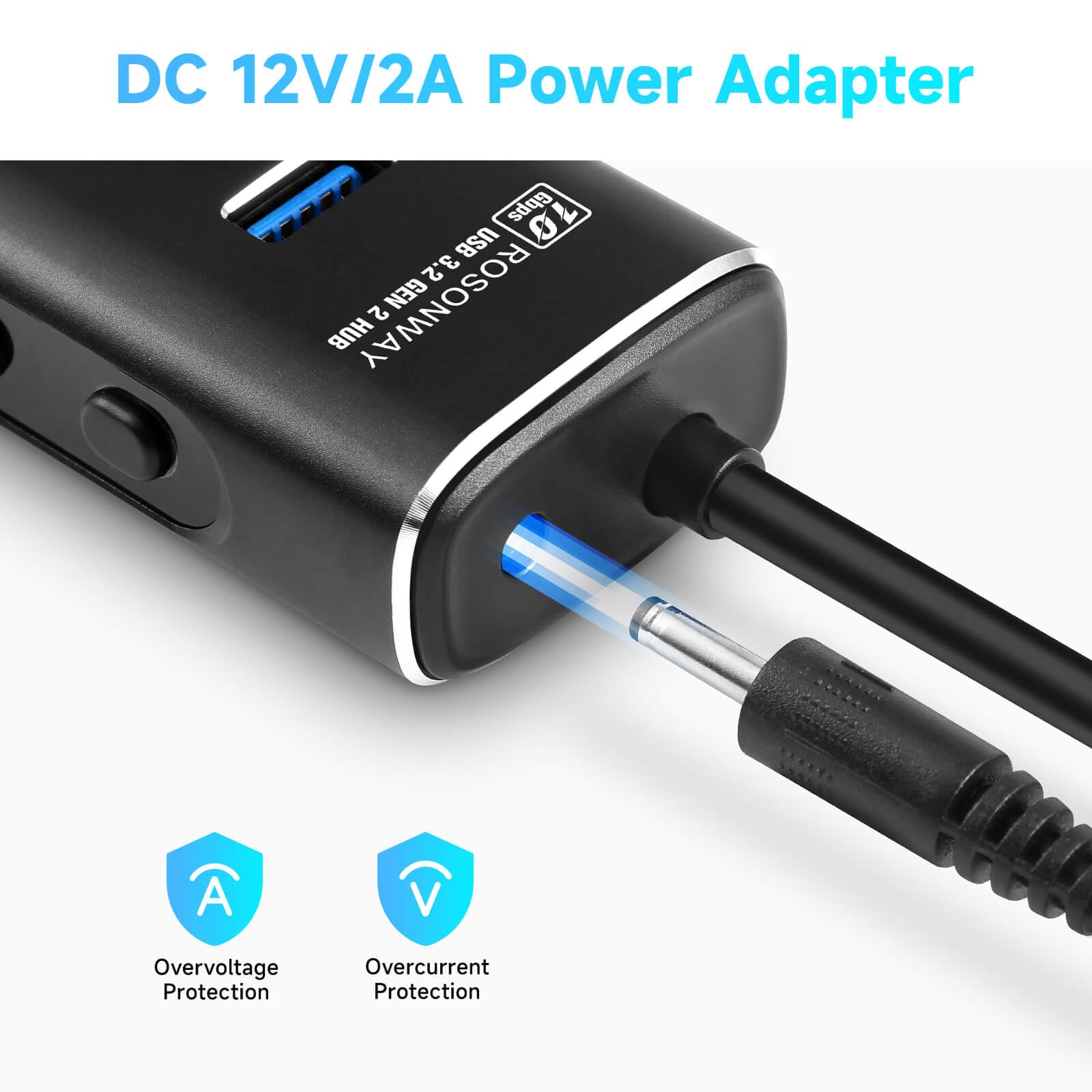 Rosonway 7-Port USB 3.2 Gen 2 Hub with 10Gbps Speed, Individual Power Switches & 24W Adapter - Aluminum USB-C Hub for Laptop, PC, MacBook - Ideal for Home Office, Gaming Setup & Multi-Device Charging Station