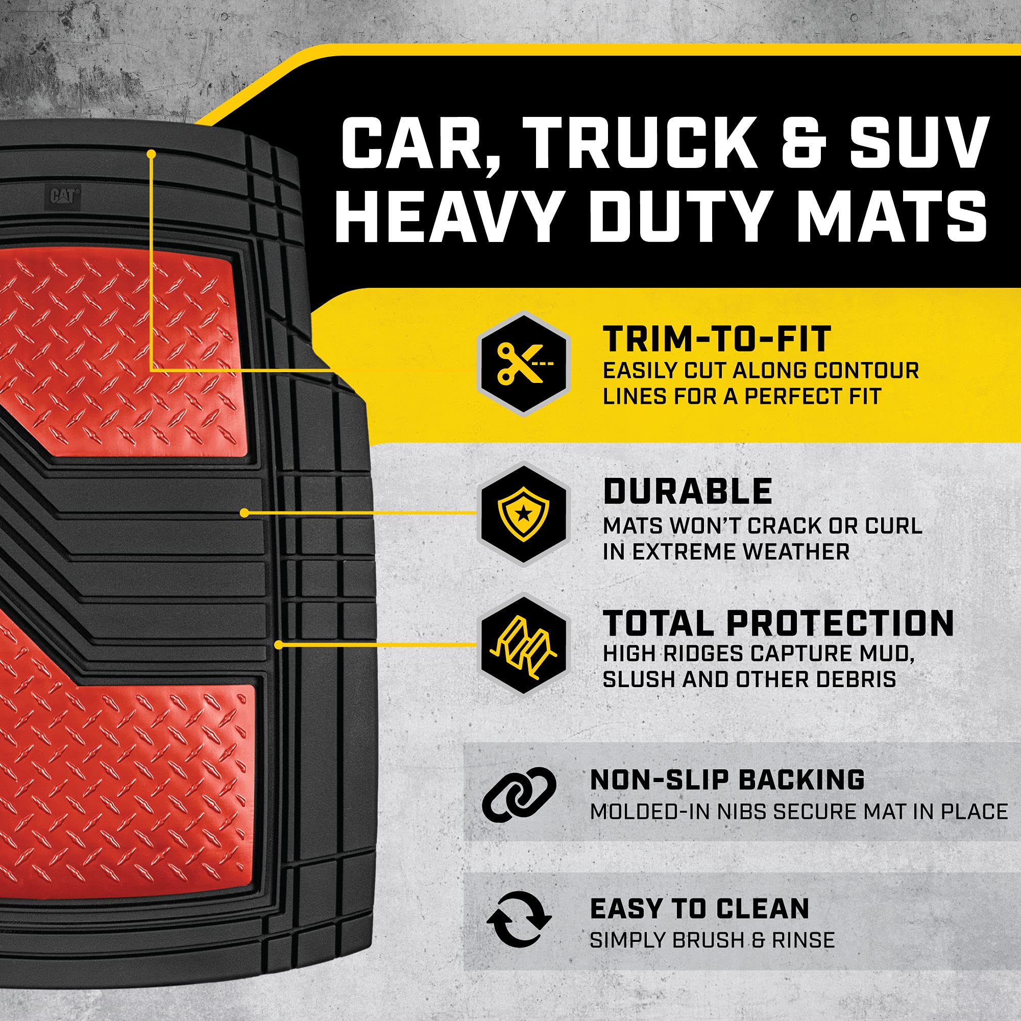 CAT DiamondShield All-Weather Rubber Floor Mats for Cars, Trucks & SUVs - Heavy Duty Front & Rear Set with Anti-Slip Backing & Heel Pad - Universal Fit Trim-to-Fit Design (Red) - Perfect for Road Trips, Off-Road Adventures & Daily Commutes