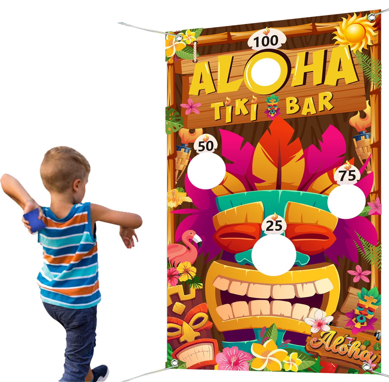 Luau Party Games Set - Tiki Party Decorations with 4 Bean Bags & Banner - Hawaiian Summer Party Supplies for Kids & Adults - Perfect for Backyard Luaus, Beach Parties & Tropical Themed Events