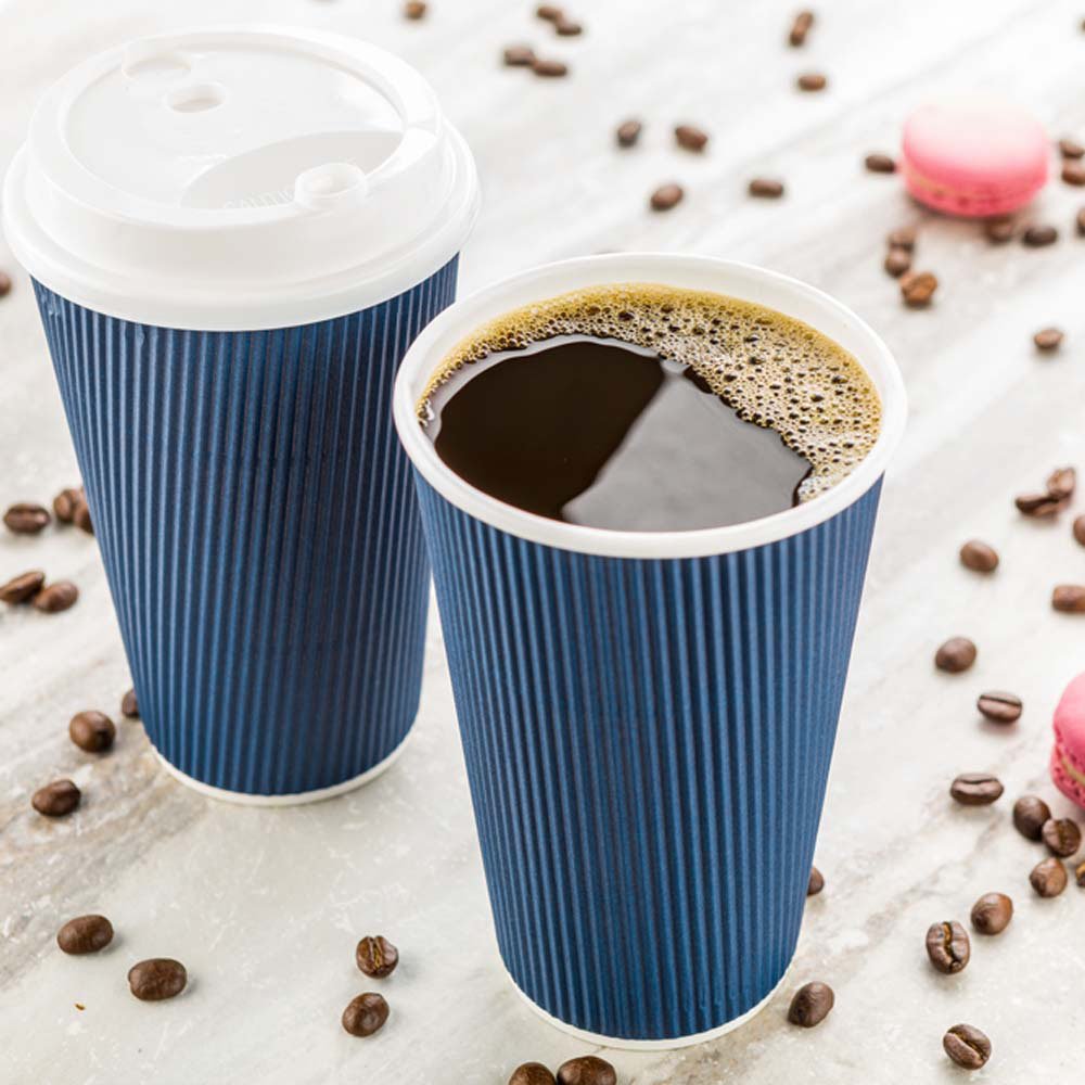 Restaurantware 16oz Disposable Coffee Cups - 500 Pack Insulated Ripple Wall Hot Paper Cups with Rolled Rim (Midnight Blue) for Coffee, Tea & Hot Beverages - Perfect for Cafes, Offices & Catering Events (Lids Sold Separately)
