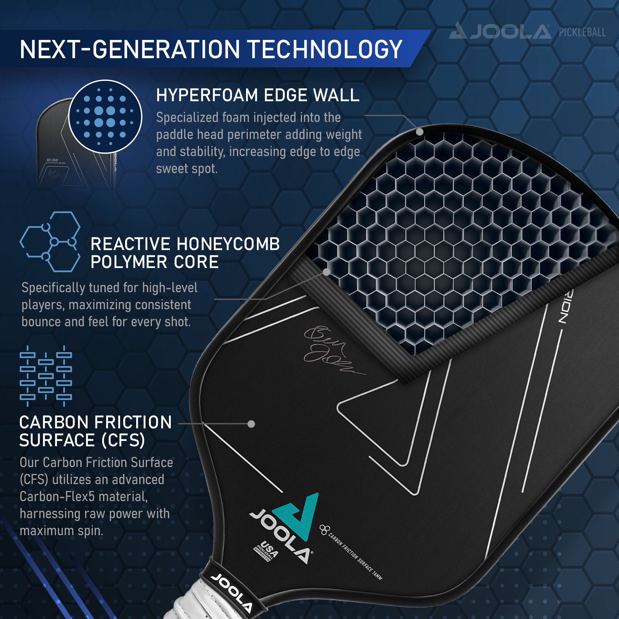 JOOLA Ben Johns Hyperion CFS Pickleball Paddle - Carbon Fiber Surface for Power & Control - Perfect for Competitive Play & Tournaments