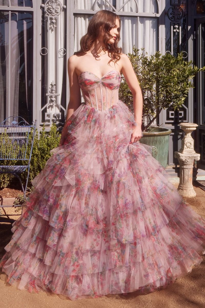 Andrea & Leo A1463 Print Ruffle Corset Gown - Elegant Evening Dress for Prom, Wedding & Special Occasions