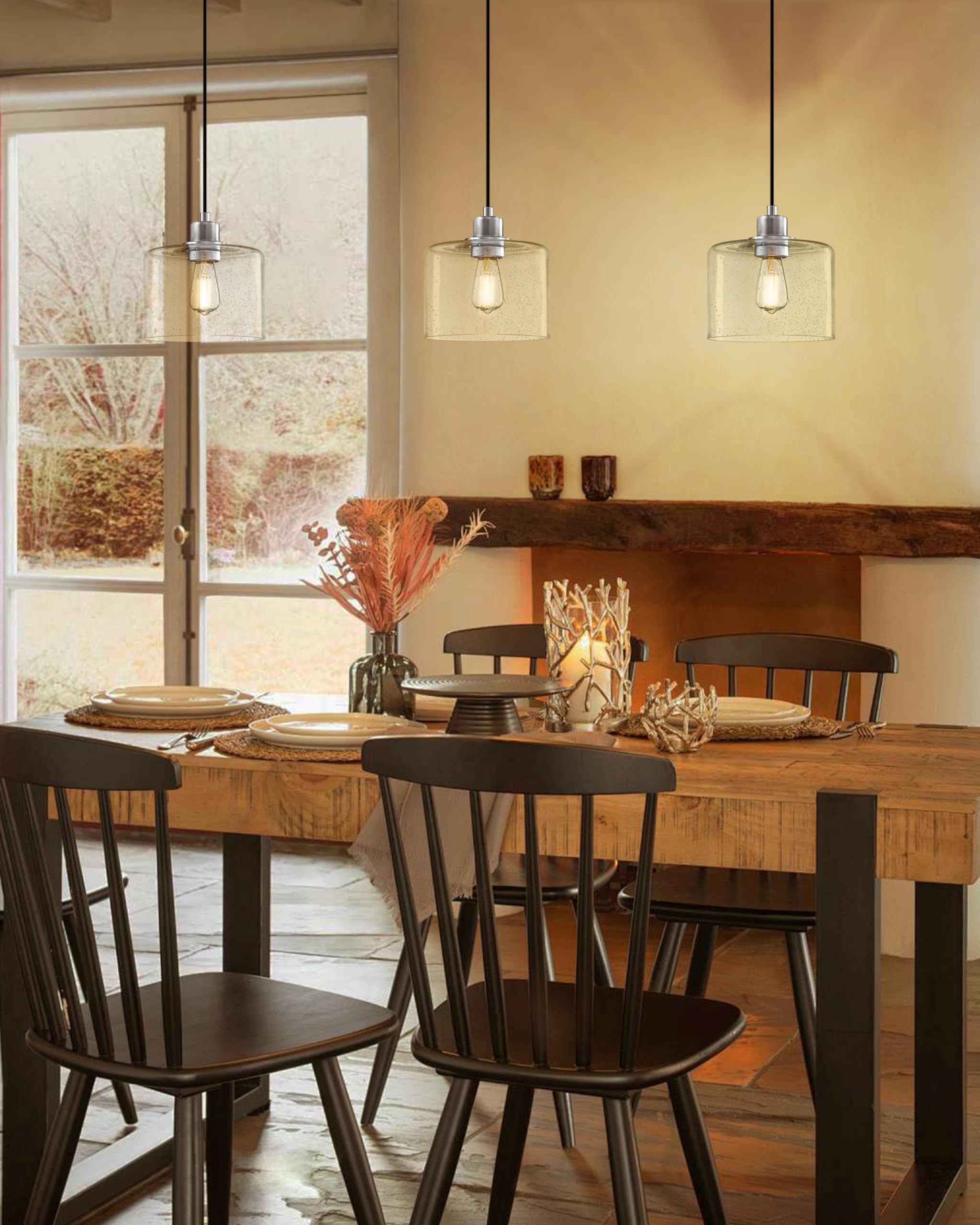 2 Pack Modern Kitchen Island Pendant Lights - 7.3 Inch Seeded Clear Glass with Brushed Nickel Finish - Farmhouse Hanging Light Fixture for Kitchen, Dining Room, Bedroom & Living Room - Perfect for Kitchen Islands, Breakfast Bars, and Home Decor Lighting