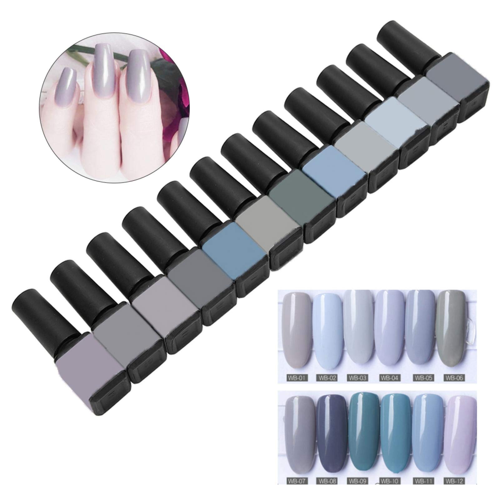 Soak Off UV LED Nail Gel Polish Kit - Gray Pink Blue Colors for Home & Salon Use - Glossy & Matte Finish - Long Lasting & Easy Removal (Granny Grey WB01-12) - Perfect for DIY Manicures, Nail Art Designs, and Professional Nail Salons