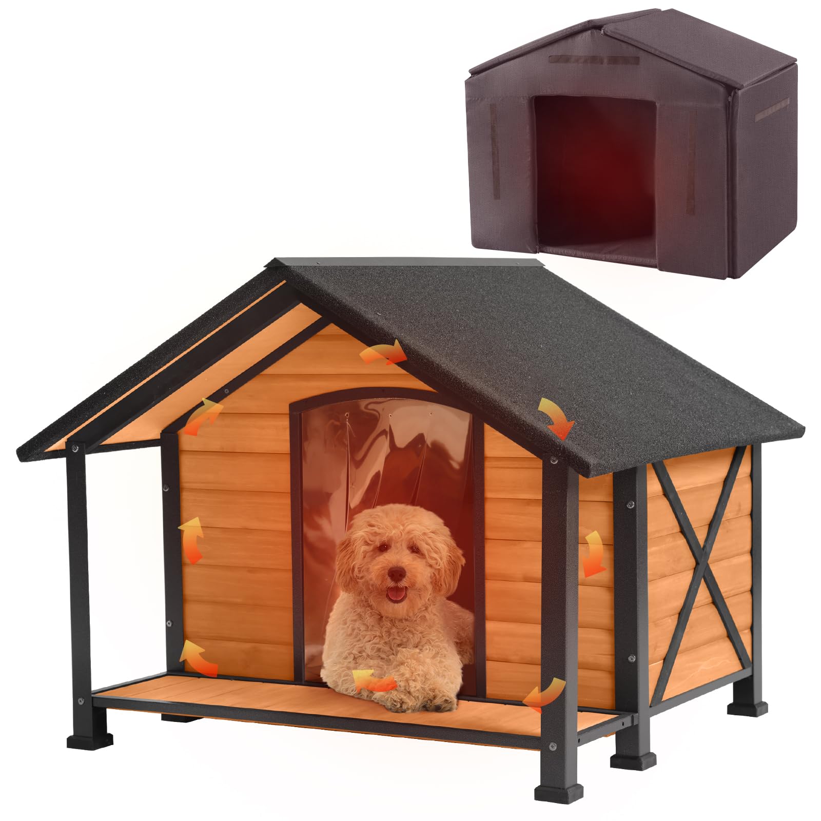 Heated Insulated Outdoor Dog House for Large Dogs - Winter-Proof Kennel with Liner & Sturdy Iron Frame | Perfect for Backyard, Patio & Cold Weather Protection