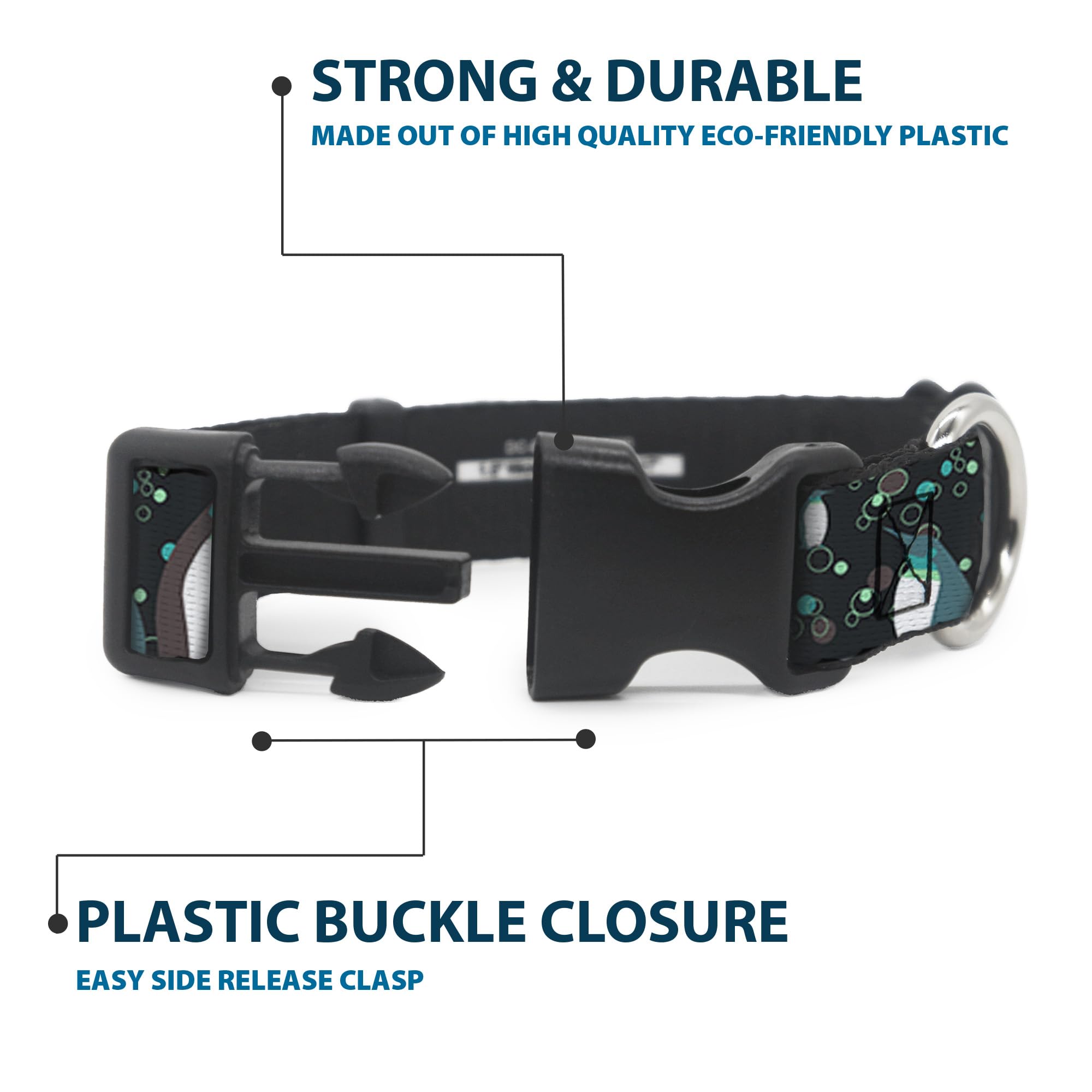 Buckle-Down Plastic Clip Dog Collar - Emperor Penguins with Bubbles Design (Black/Gray/Turquoise) - 1 Inch Wide - Adjustable 15-26 Inch Neck - Large Size - Perfect for Daily Walks, Pet Fashion & Outdoor Adventures