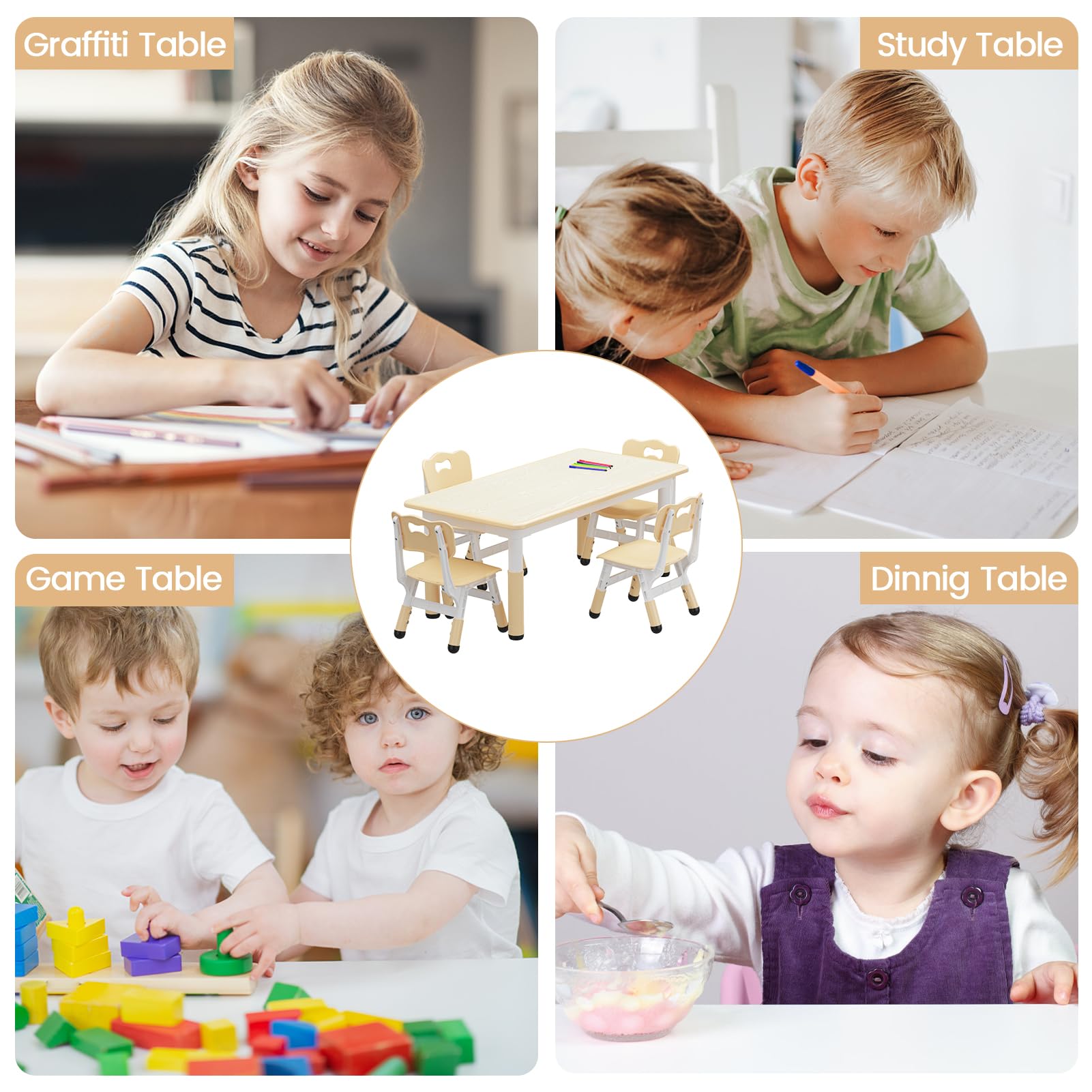 Adjustable Kids Table and Chair Set for Toddlers Ages 2-10 - 4-Piece Children's Activity Table with Graffiti Desktop & Non-Slip Legs - Perfect for Arts & Crafts, Daycare, Classroom and Home Learning Playtime