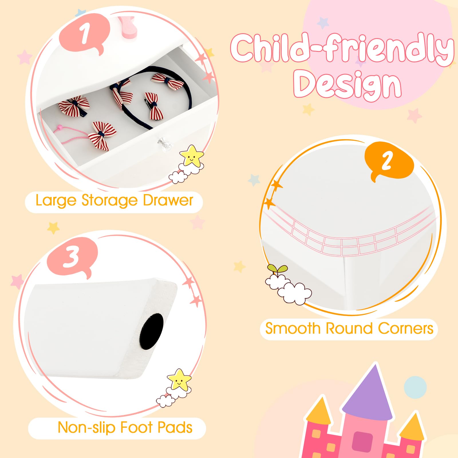 Costzon Kids Vanity Set with Mirror, Stool & LED Lights - 2-in-1 Wooden Princess Makeup Dressing Table with Drawers - White Toddler Vanity Desk for Girls Pretend Play (Perfect for Bedroom Playroom & Birthday Gifts)