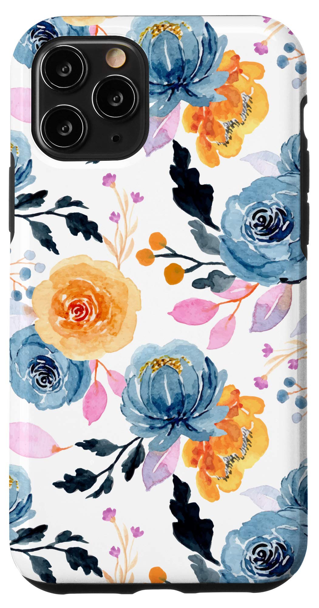 iPhone 11 Pro Case - Navy Blue & Marigold Orange Floral Watercolor Design | Slim Protective Phone Cover for Women & Men | Perfect for Everyday Use, Travel & Gift Giving